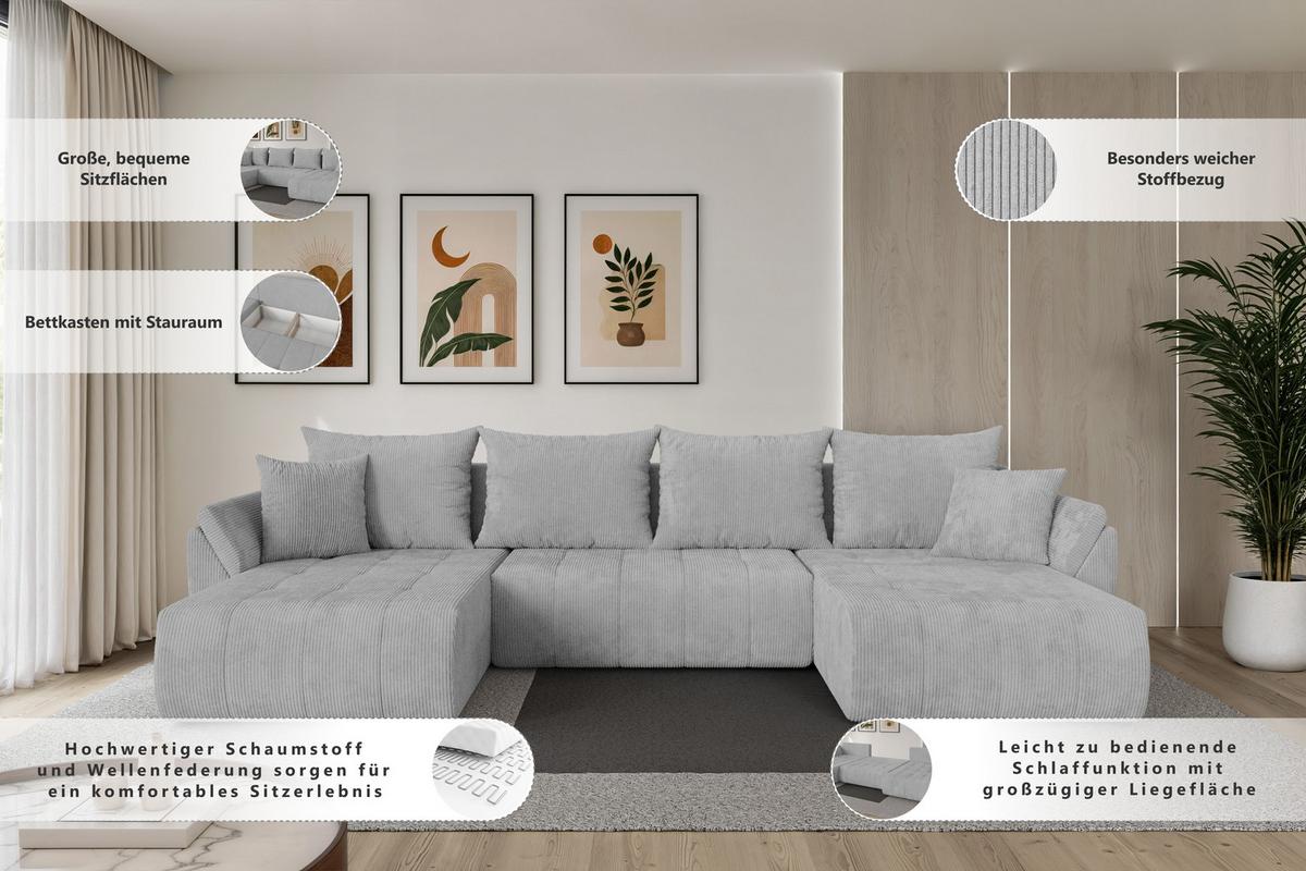 WOHNLANDSCHAFT mit Schlaffunktion und Bettkasten TOKO-U 378x194x86 Hellgrau Bouclé - Silberfarben/Hellgrau, Holzwerkstoff/Kunststoff (378/86/194cm) - ALTDECOR