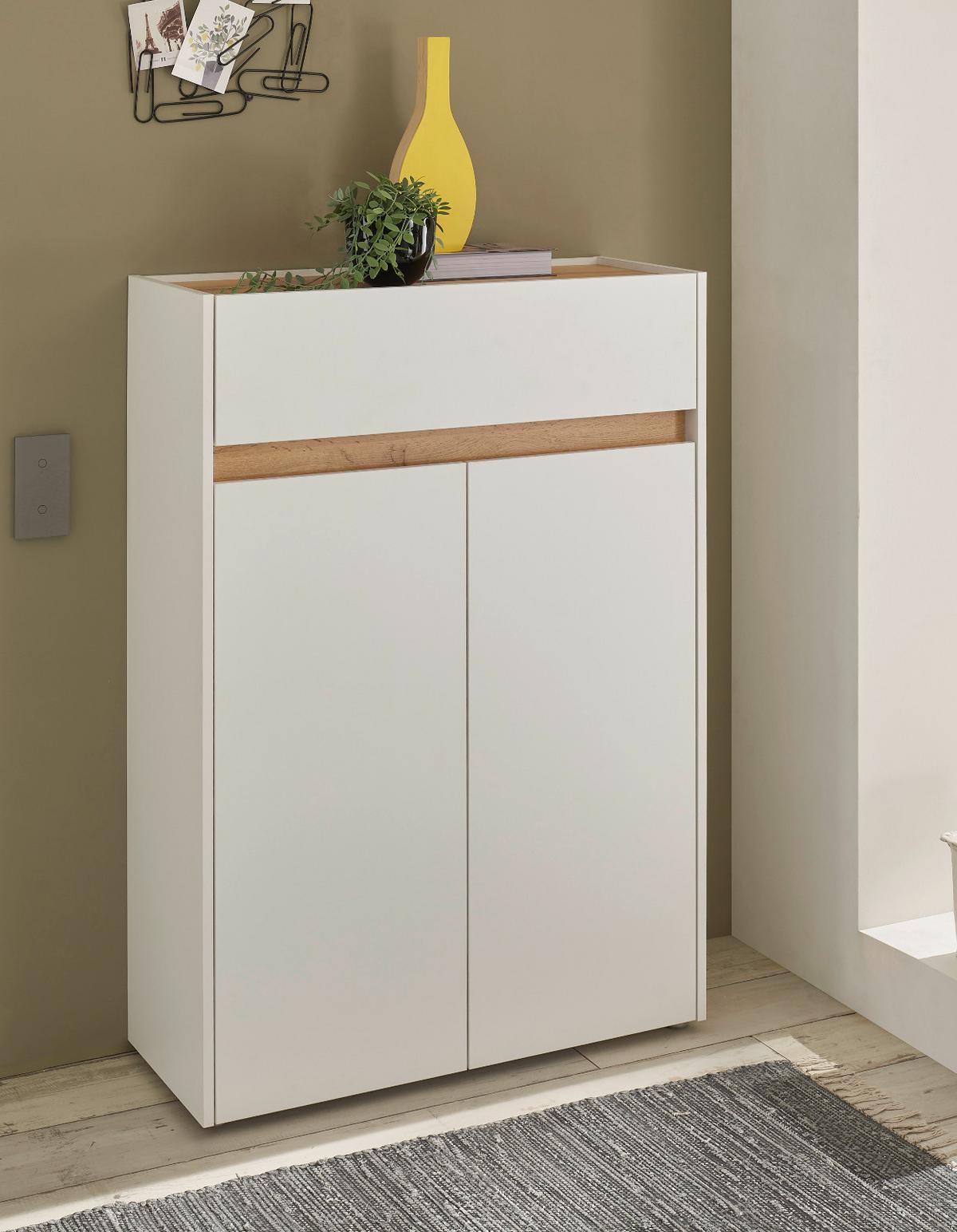 SCHUHSCHRANK weiß matt, Eiche Wotan, Flurkommode 85 x 122 cm - Eiche Wotan/Schwarz, Holzwerkstoff/Kunststoff (85/122/122cm) - Furn.Design