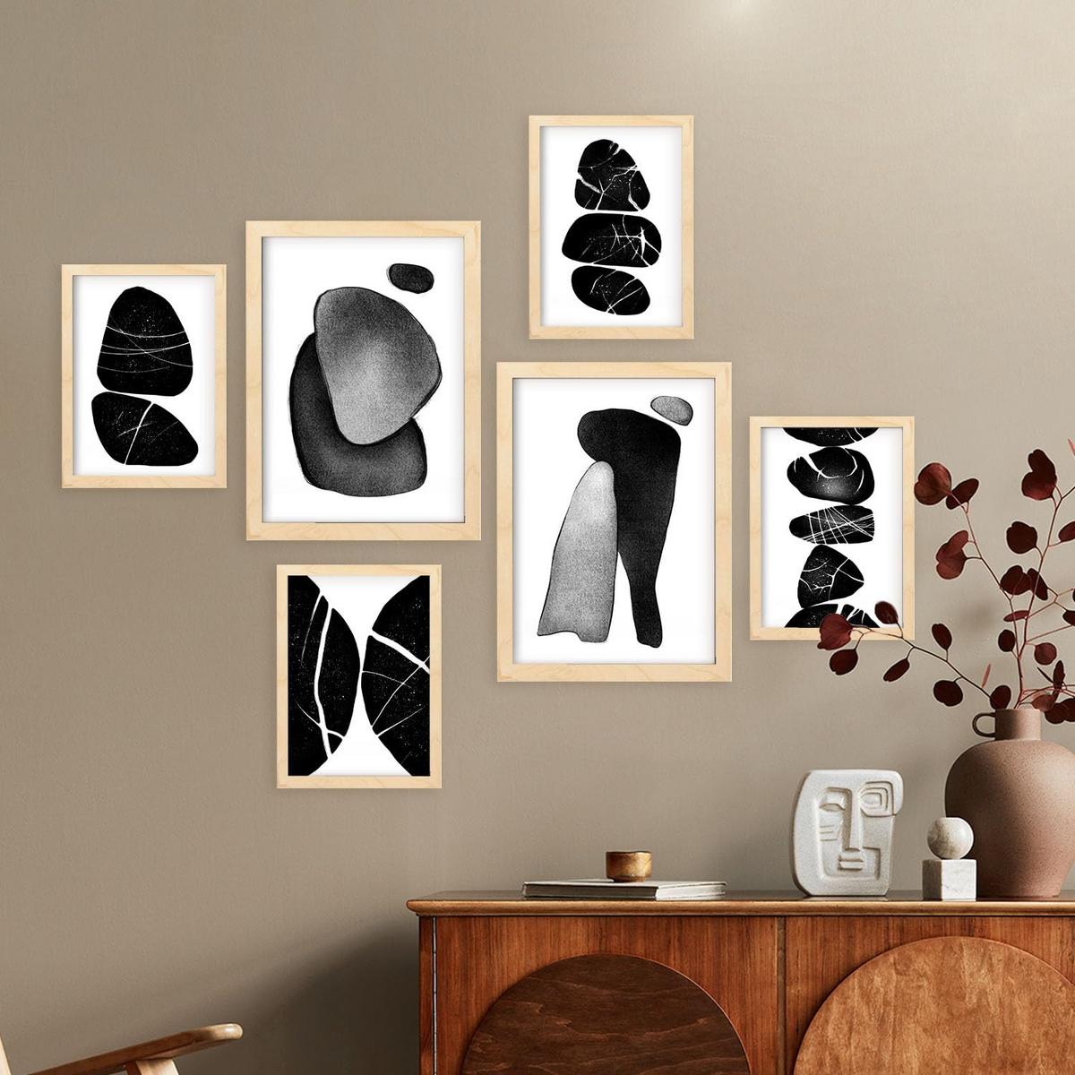 POSTER Set Mit 6 Palladische Gesteine In Liebhaber Abstrakt Ästhetische Dekorative Gemälde Für Ihr Wohnzimmer Zuhause A3 & A4 Rahmen Aus Hellem Holz - Beige, Papier (29/3cm) - Nacnic