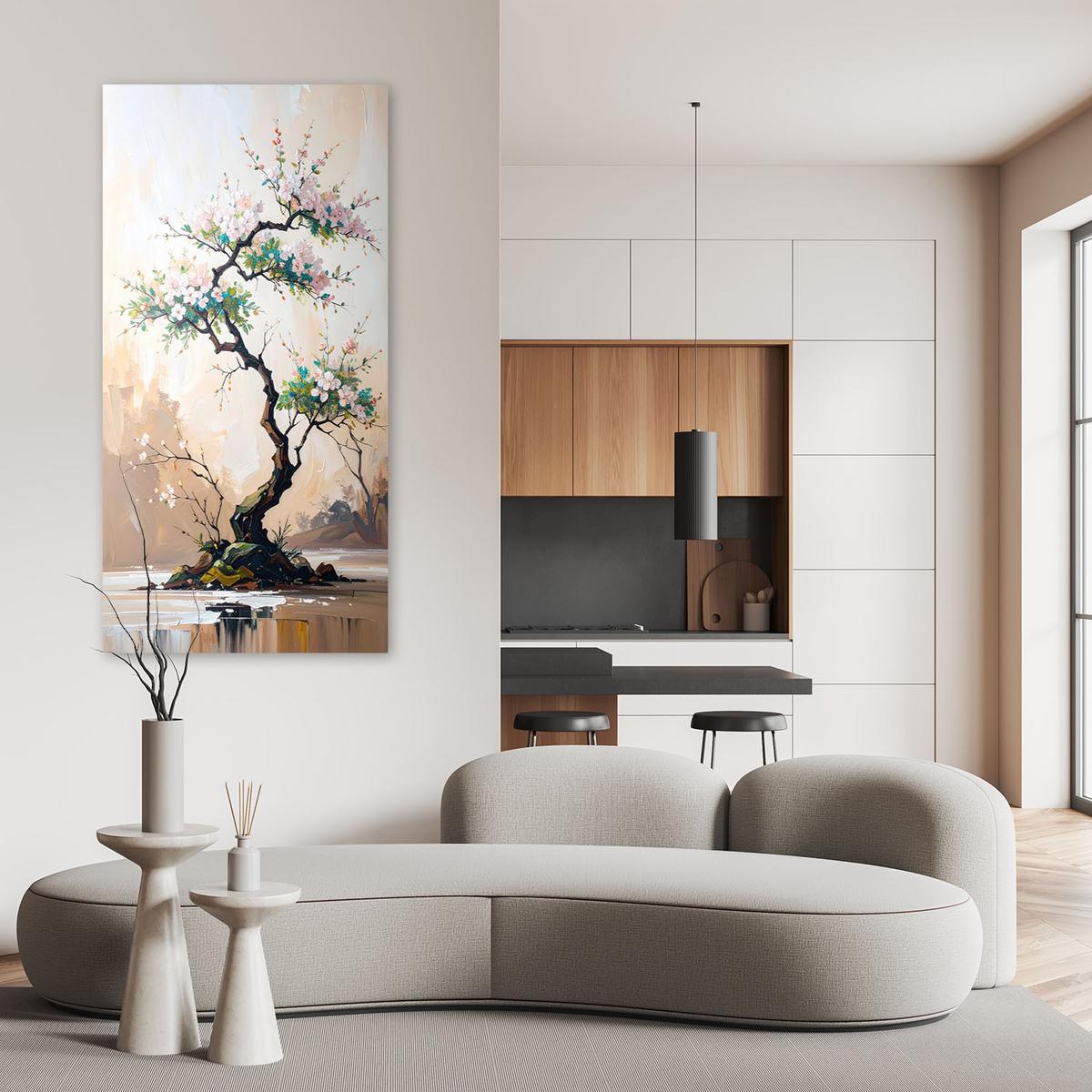 LEINWANDBILD Bonsai-Baum Weiße Blumen Zweige 40x80cm - Grau, Textil (40/80cm) - Feeby