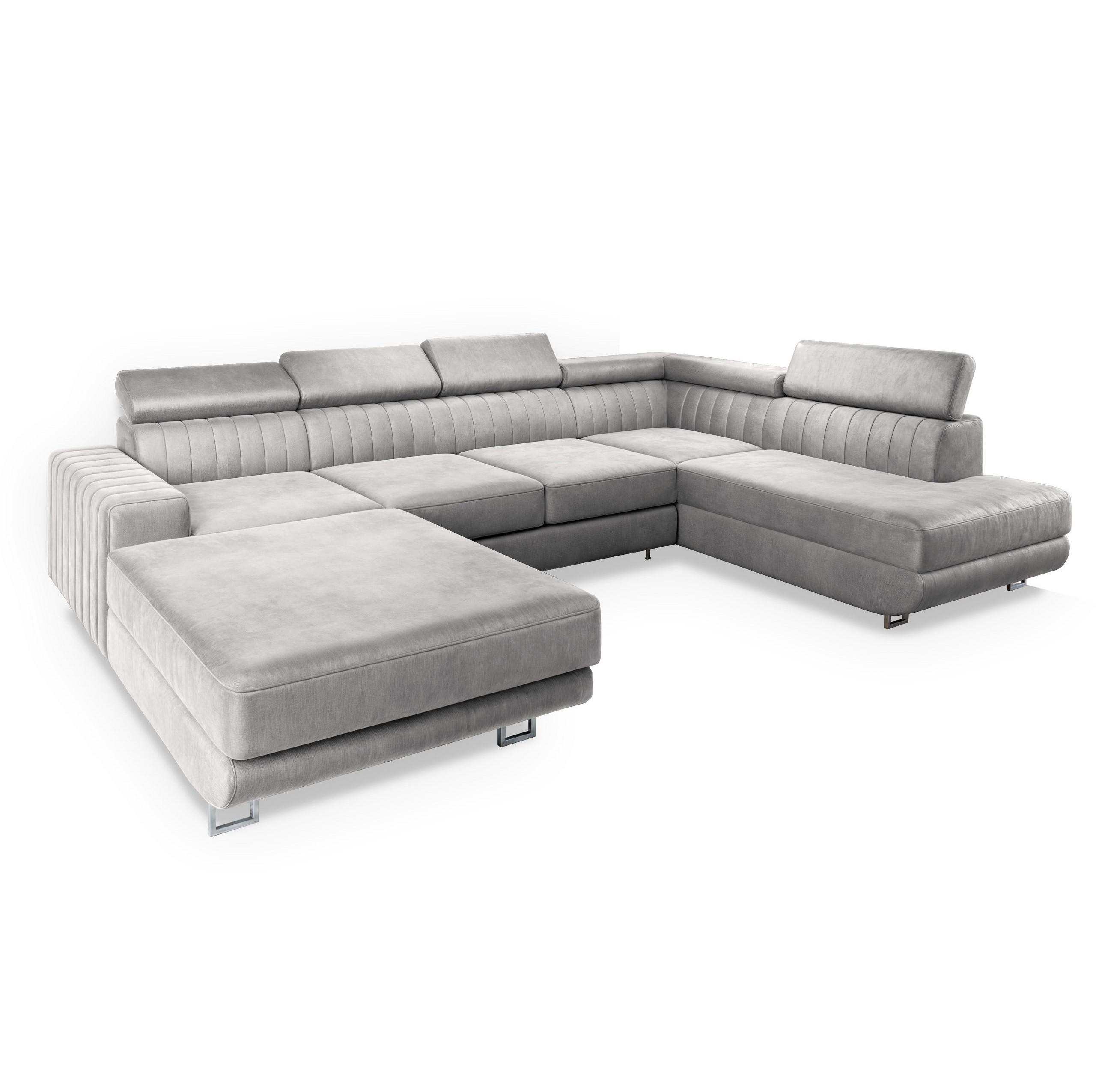 WOHNLANDSCHAFT SIENA R-S Hellgrau Velours-Stoff mit Schlaffunktion - Silberfarben/Hellgrau, Holz/Textil (335/89/190cm) - MASSENO