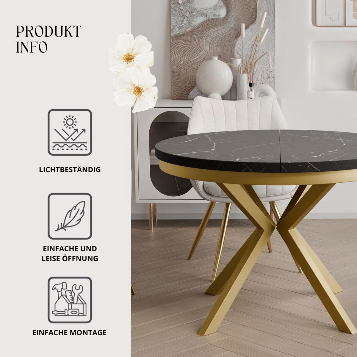 AUSZIEHTISCH MILTON 90-166/76 cm mit Metallgestell und Zarge, Gold / Grigia Pietra - Goldfarben/Grau, Holzwerkstoff/Metall (90/90/76cm) - Idohome