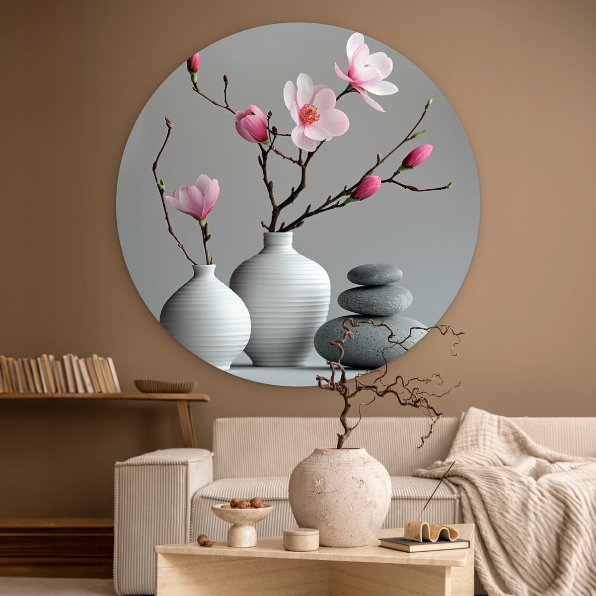 WANDBILD Magnolie - Blumen - Rosa - Zen-Steine Wandbild 120x120 cm - Hellgrau, Kunststoff (120/120cm) - MuchoWow
