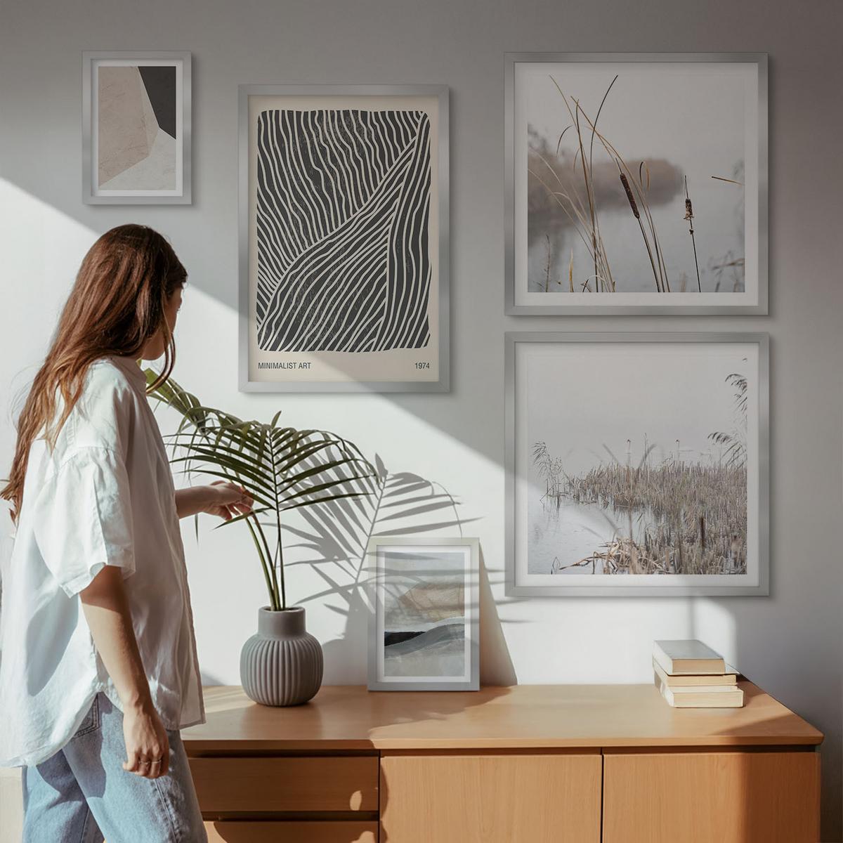 BILDER SET 5er Set - 50x50 cm & 20x30 cm & 40x60 cm Silberner Rahmen - Abstrakte Boho-Dekorationsmuster - Silberfarben, Kunststoff (40/60cm) - TULUP