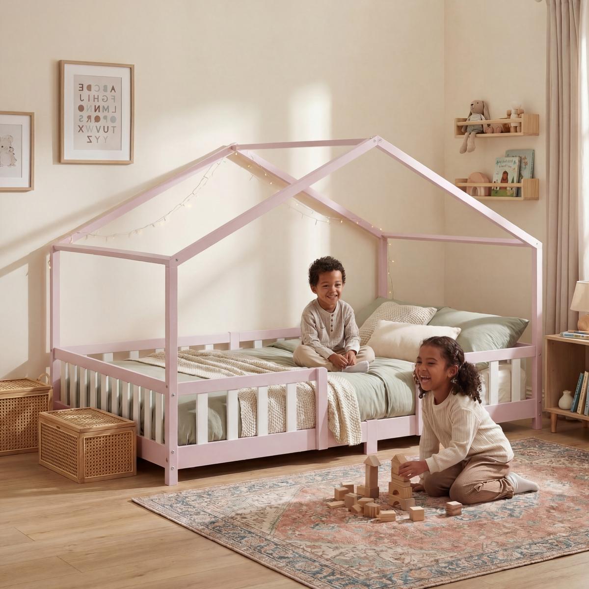 HAUSBETT Treviolo - Hellrosa/Weiß, Holz (120/200cm) - [en.casa]
