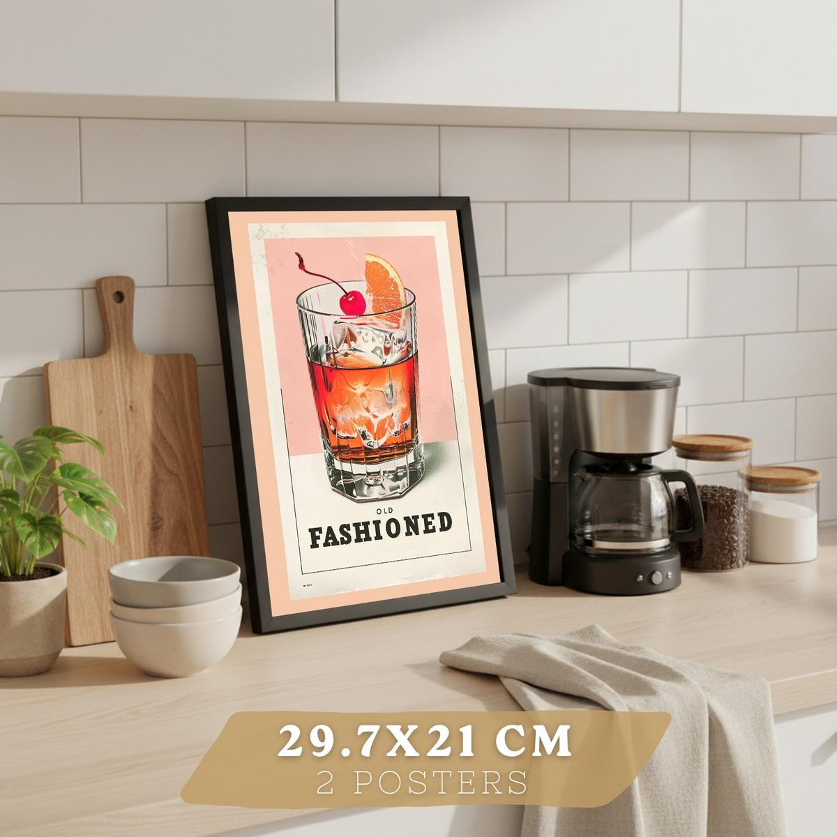 POSTER 2er Set Cocktail-Wandbilder Old Fashioned und Cosmopolitan Vintage Küche Bar Wanddeko Schwarzer Rahmen A4 - Schwarz, Papier (29.7/1/21cm) - Nacnic