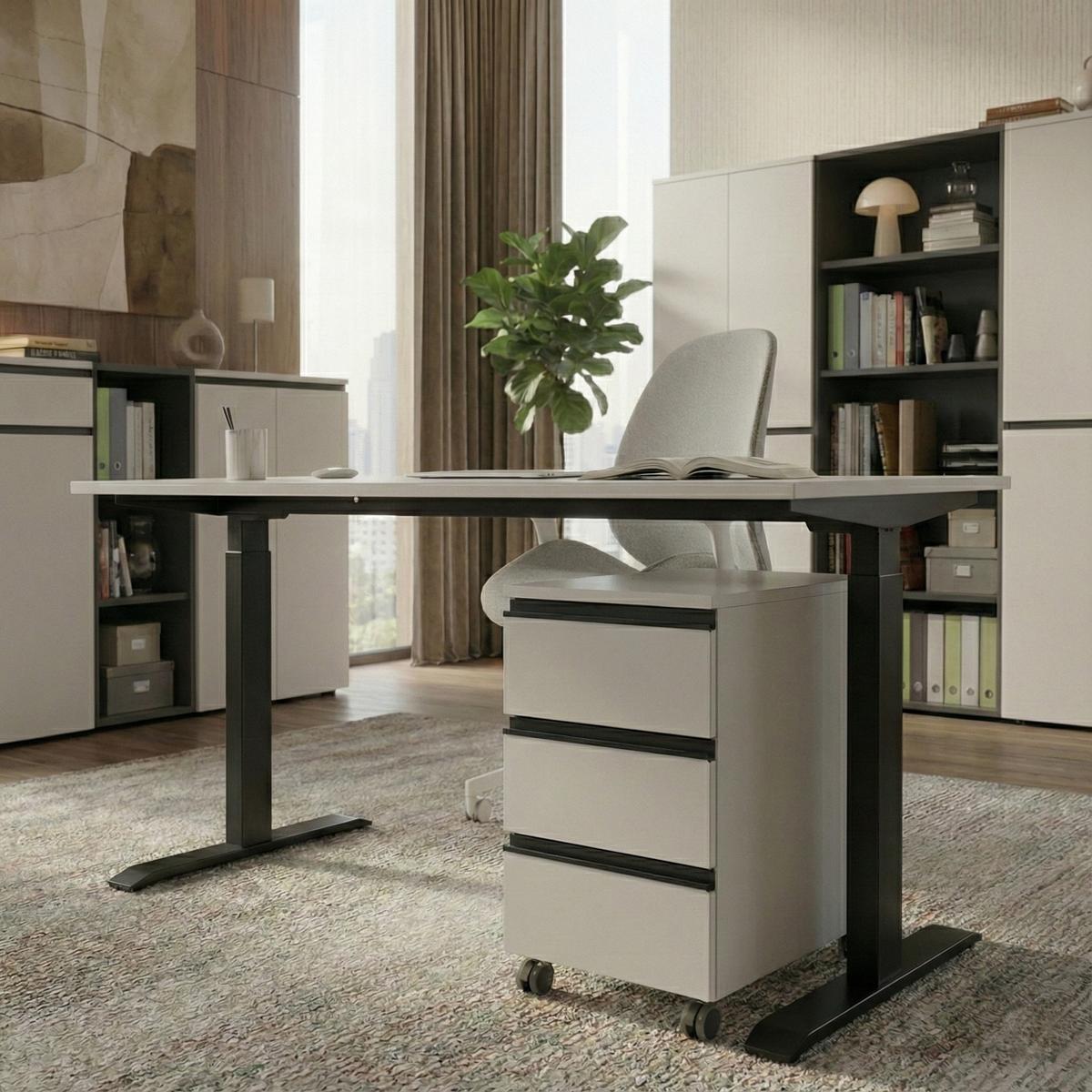 BÜROMÖBEL Set 2-teilig | Schreibtisch 140x80cm & Rollcontainer Greige/Schwarz | Einstellbar 68-91 cm & Soft-Close - Beige, Holzwerkstoff/Metall (80/195/91cm) - KADIMA DESIGN