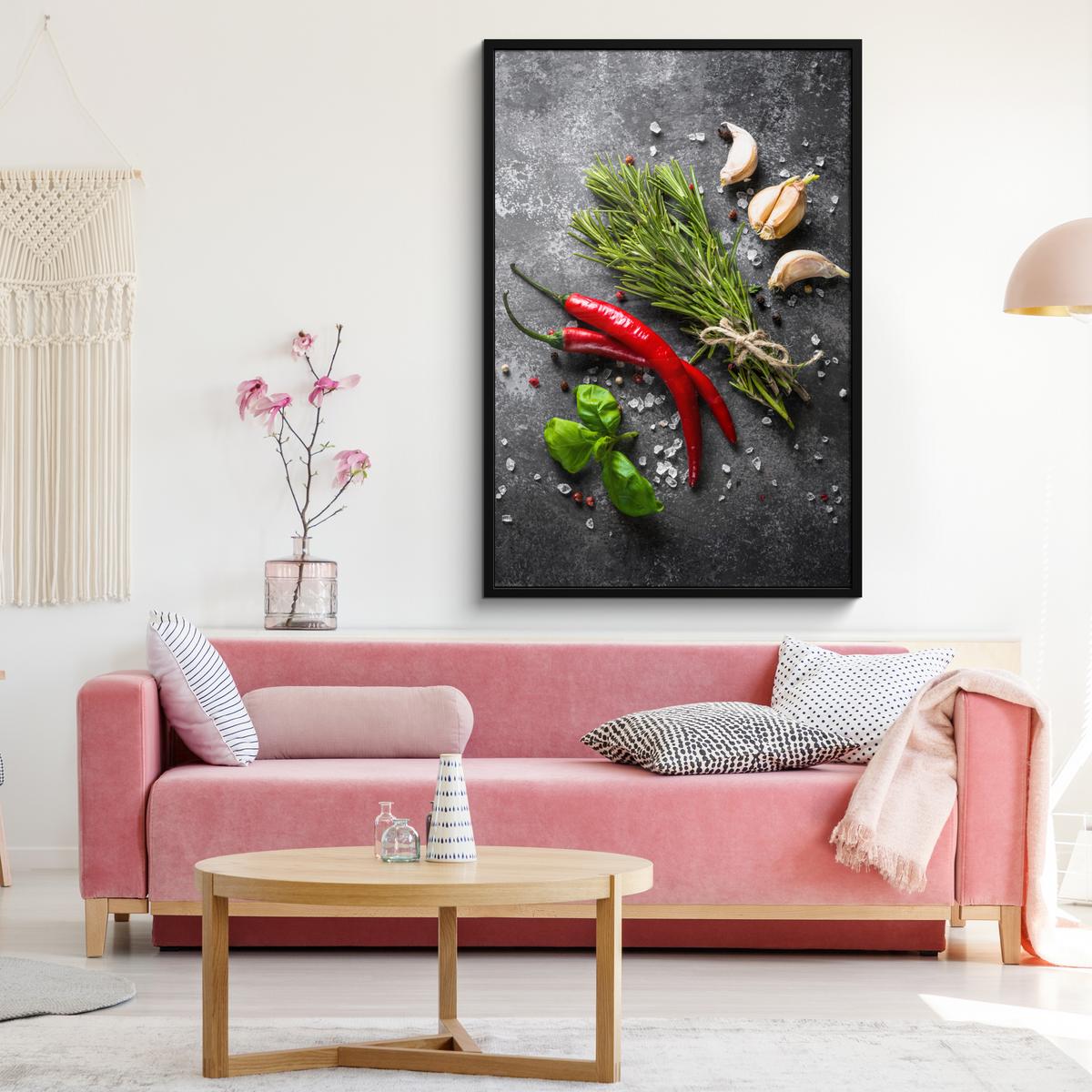 POSTER MIT RAHMEN Pfeffer - Kräuter - Gewürze - Beton Bilderleiste 80x120 cm - Dunkelgrau, Papier (80/120cm) - MuchoWow