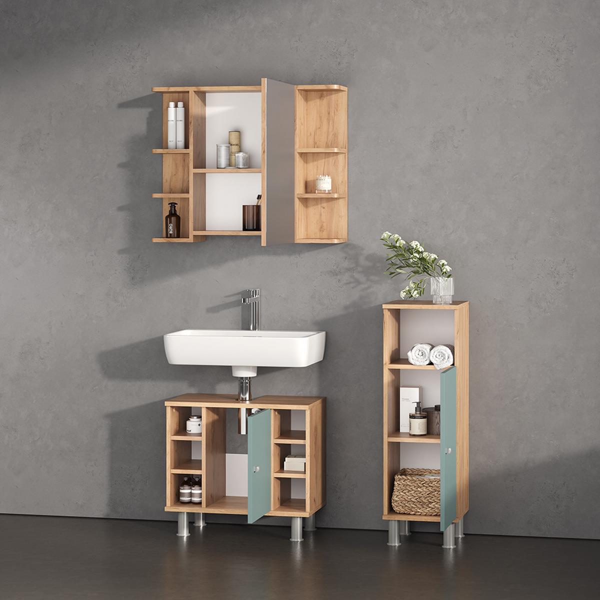 BADMÖBEL-SET Fucino Grün 3 Teile, mit Midischrank - Grün, Holzwerkstoff (60/54/32cm) - Livinity®