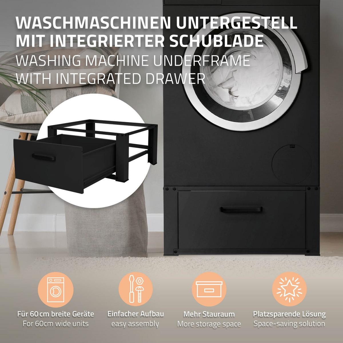WASCHMASCHINEN UNTERGESTELL mit Schublade 63x54cm Schwarz aus Stahl - Schwarz, Metall (54/31.5/63cm) - ML-DESIGN