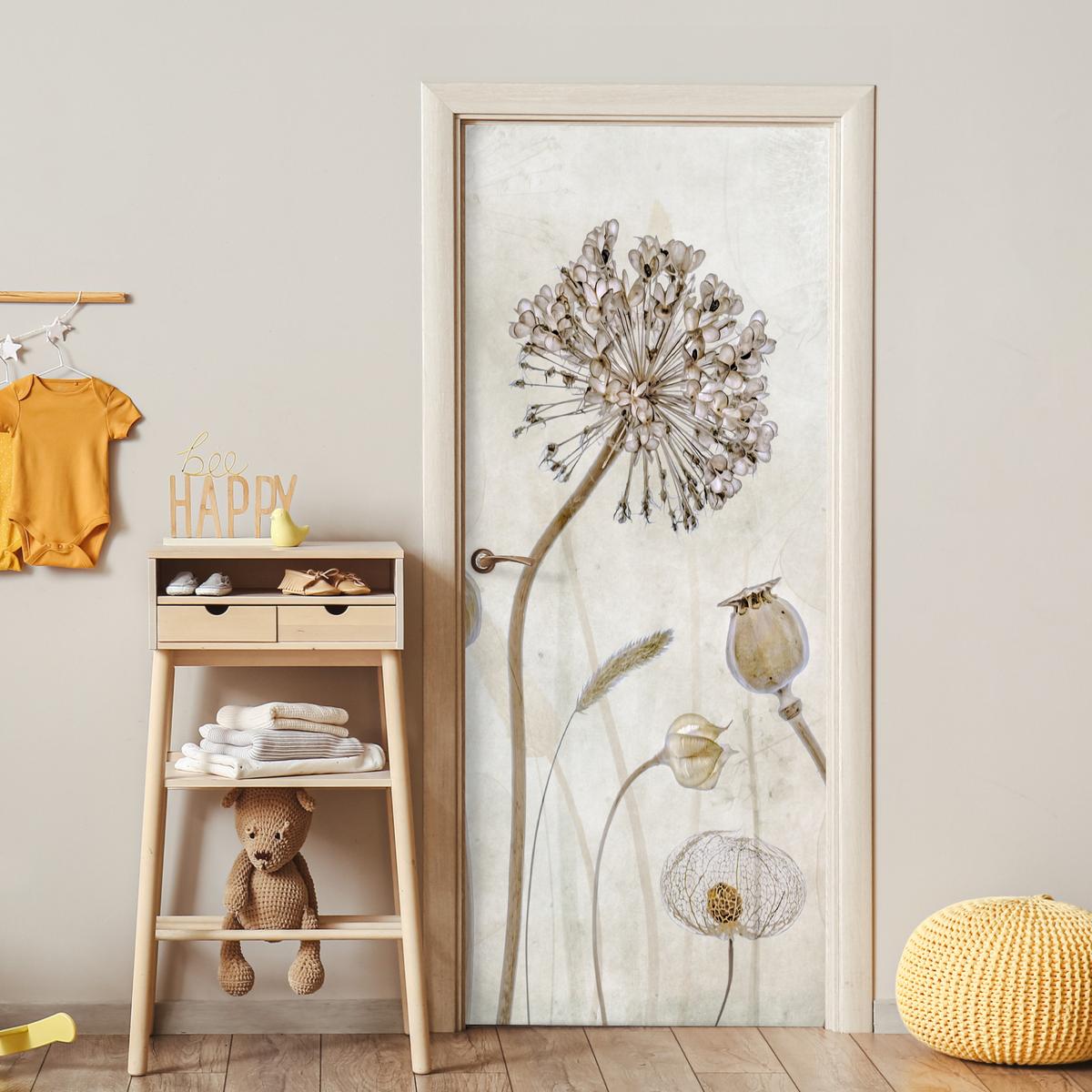 TÜRAUFKLEBER Selbstklebend - Blumen - Aquarell - Stilleben - Braun - Vintage 85x205 cm - Türtapete - Ecru, Kunststoff (85/205cm) - MuchoWow