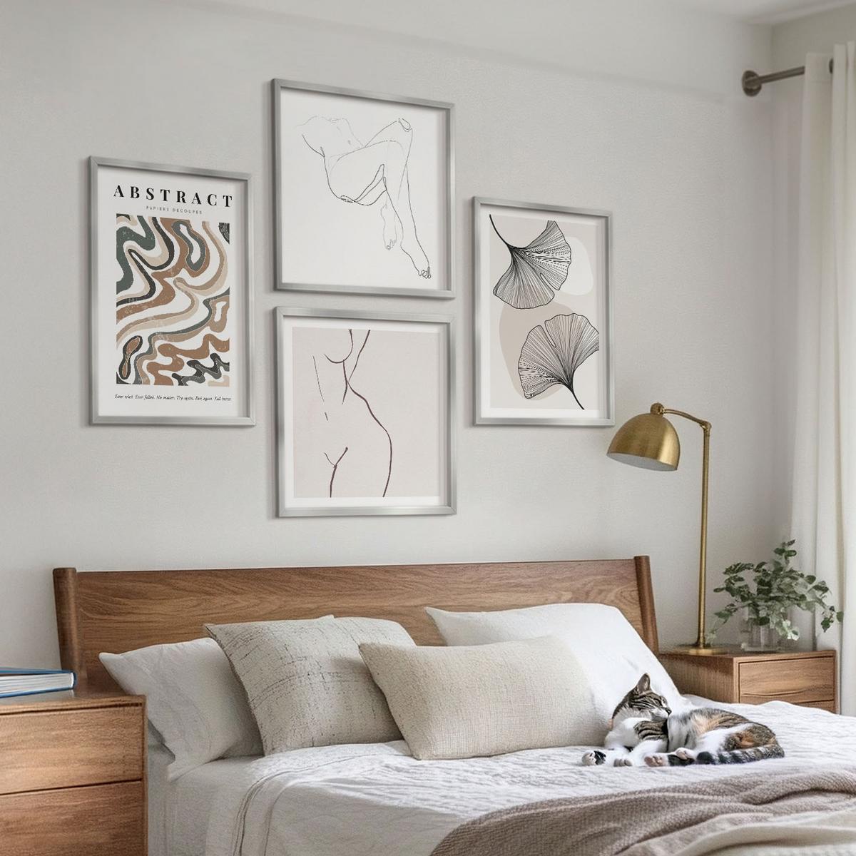 BILDER SET 4er Set - 50x50 cm & 40x60 cm Silberner Rahmen - Abstrakte Boho-Blattformen - Silberfarben, Kunststoff (50/50cm) - TULUP