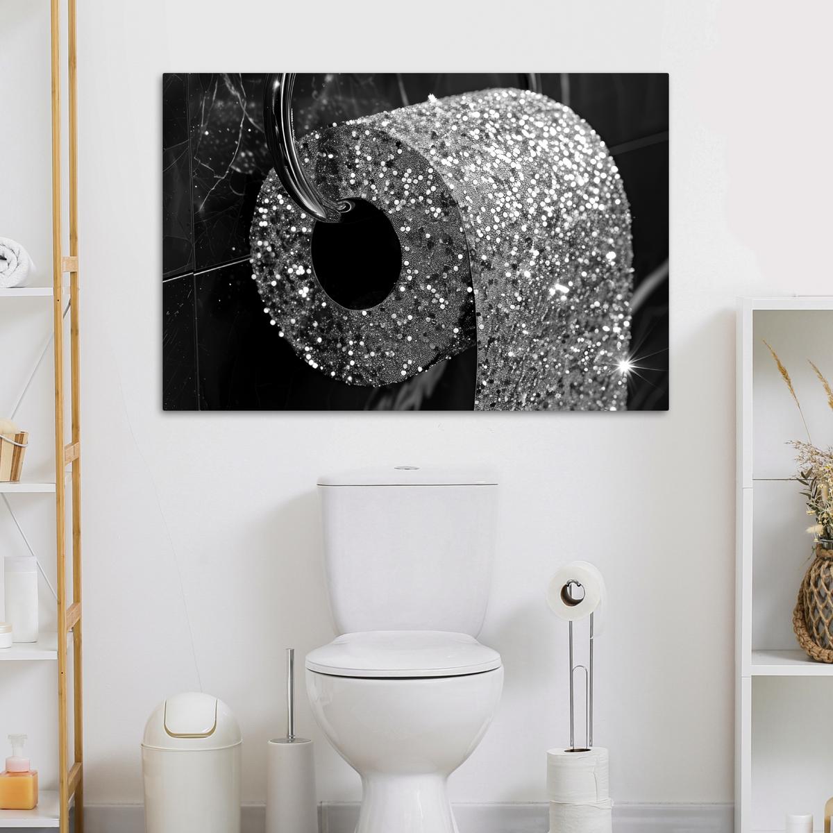 LEINWANDBILD WC - Toilettenpapier - Schwarz und weiß - Glitter Wohnzimmer Groß 120x80 cm - Silberfarben, Textil (120/80cm) - MuchoWow