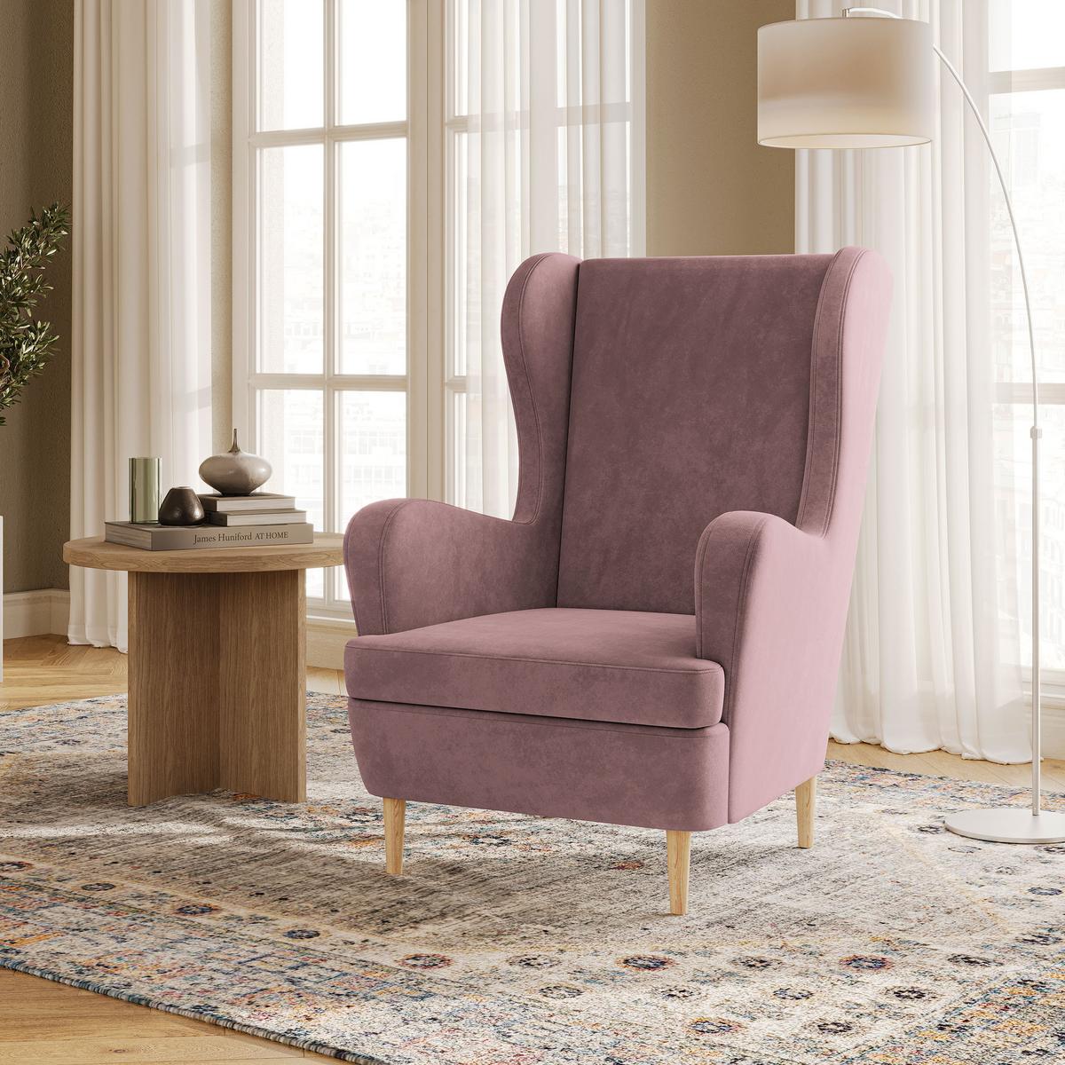SESSEL VOGERA Ohrensessel Polstersessel, Rosa - Pink/Eichefarben, Holzwerkstoff (78/103/85cm) - MASSENO