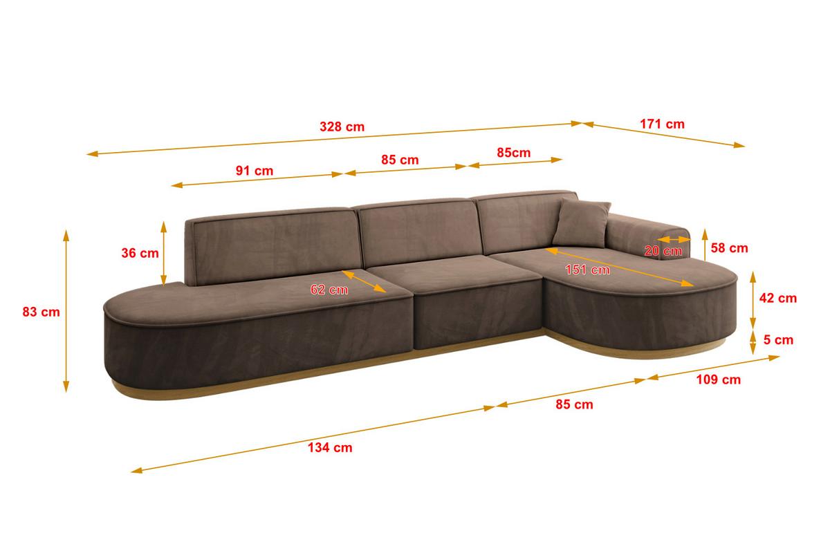 ECKSOFA Ottomane Rechts MARI-L2-v2 - 328x171x83 cm Braun Velours - Braun, Holzwerkstoff/Textil (171/328cm) - ALTDECOR
