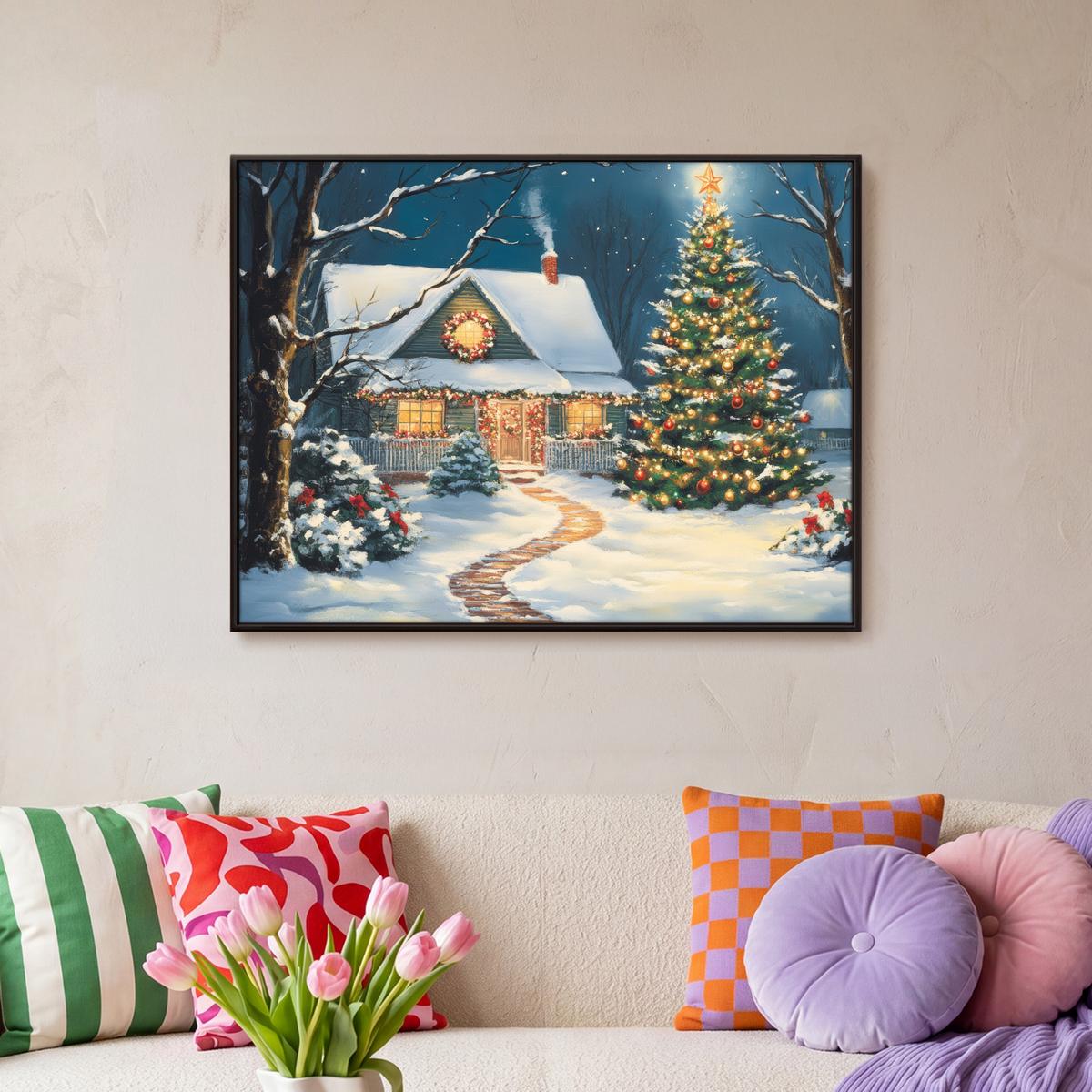 LEINWAND Bilder mit Rahmen - Weihnachten - Weihnachtsbaum - Winter - Zuhause - Schnee - 80x60 - Smaragdgrün, Textil (80/60cm) - MuchoWow