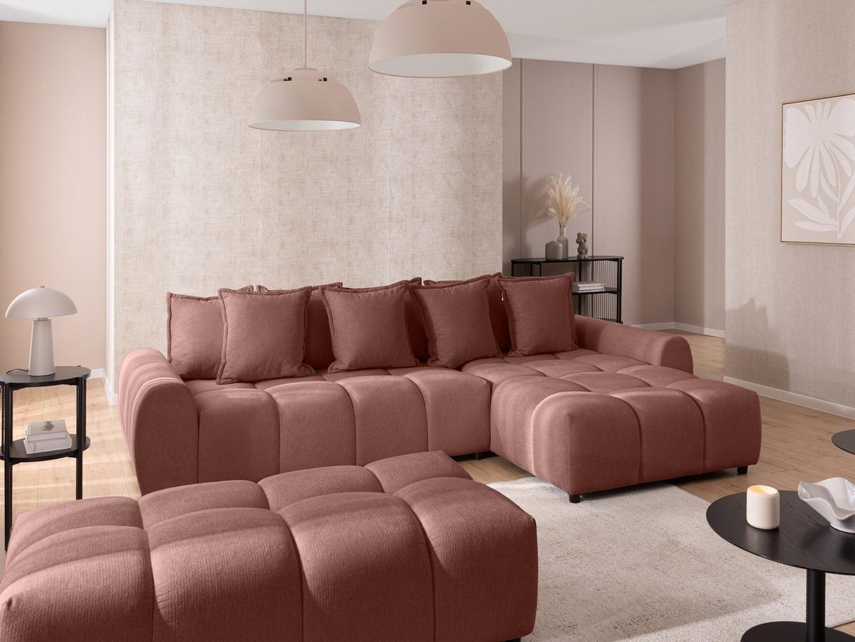 ECKSOFA inkl. Hocker Bubble mit Schlaffunktion und losen Rückenkissen, Sitzfläche Bubble-Optik aus weichem Terrakotta Strukturstoff - Ottomane Rechts - Terracotta/Schwarz, Holz/Kunststoff (306/180cm) - S-Style Möbel