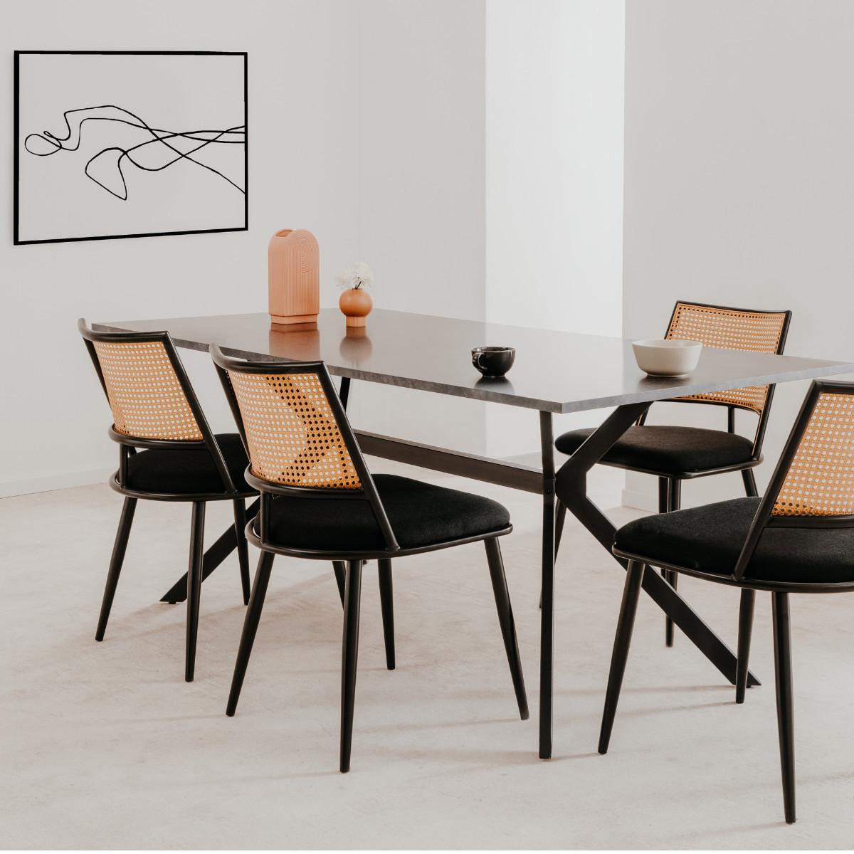 STÜHLEN (set von 4) mit natürlichem geflecht und schwarzem metallrahmen - schiller 47/48,5/79 cm - Schwarz, Metall (48.5/79/65cm) - Calicosy