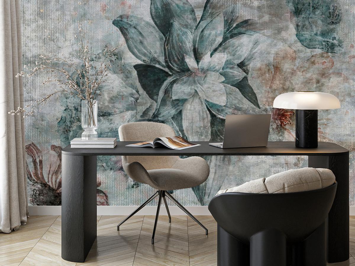 FOTOTAPETE für Schlafzimmer Aquarellblumen Beton Natur Pflanzen 300x210 - Grau, Papier (300/210cm) - Muralo