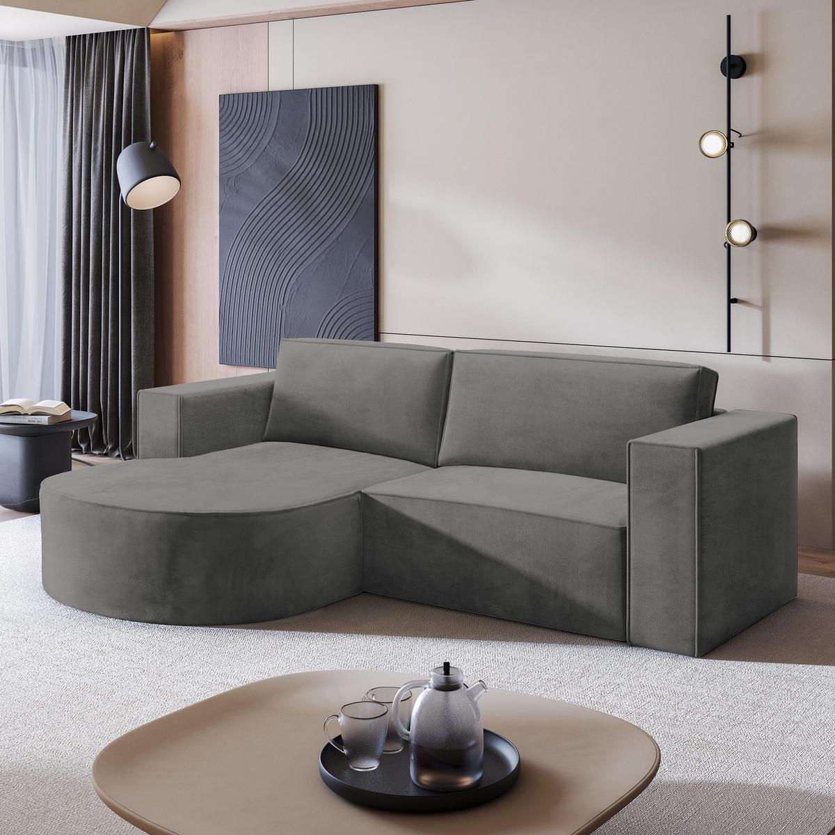 ECKSOFA SORELA M L-S Grau Velours-Stoff mit Schlaffunktion - Grau, Holz (263/174cm) - MASSENO