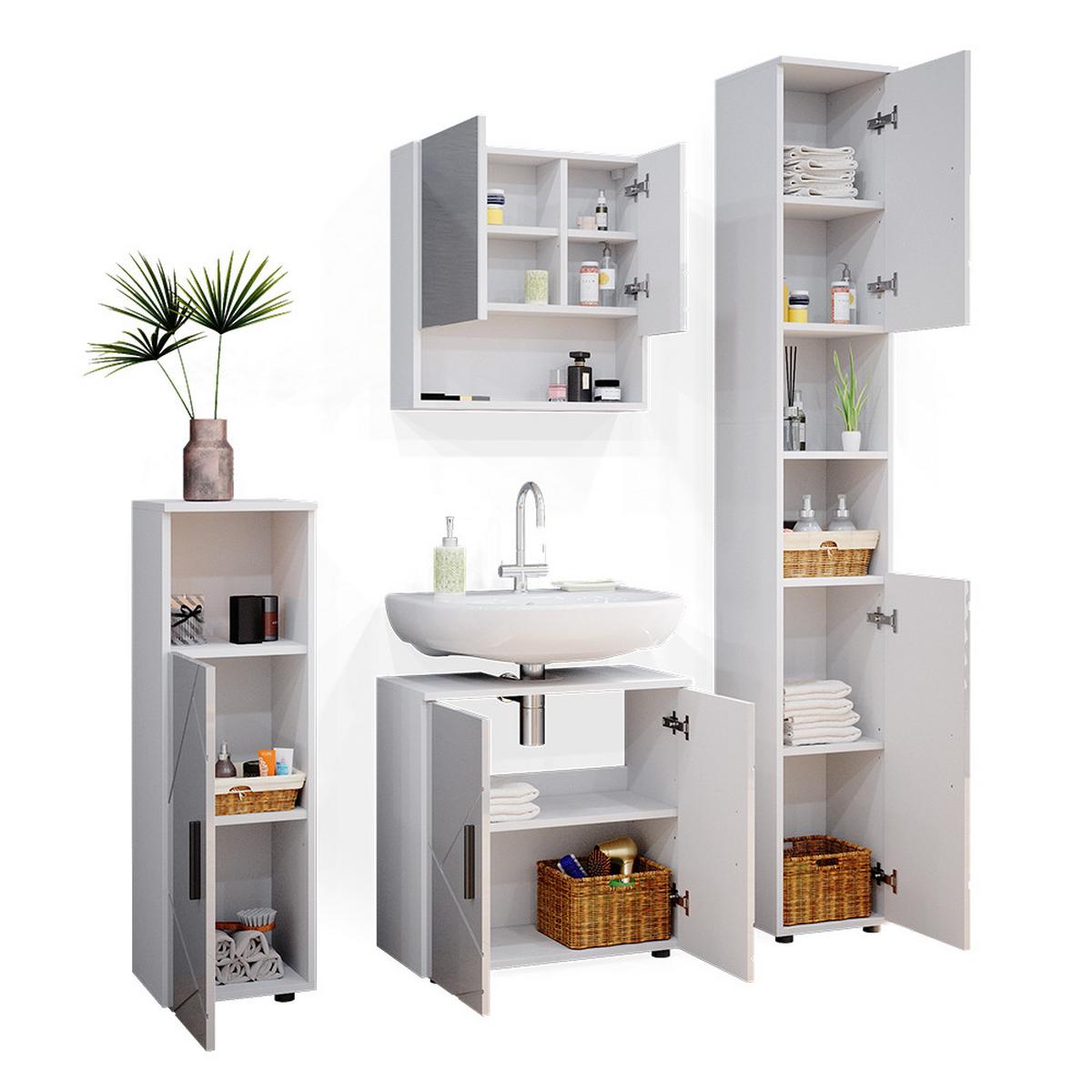 BADMÖBEL-SET Ronco Weiß Hochglanz 4 Teile, mit Hochschrank - Weiß Hochglanz, Holzwerkstoff (60/192/30cm) - Livinity®