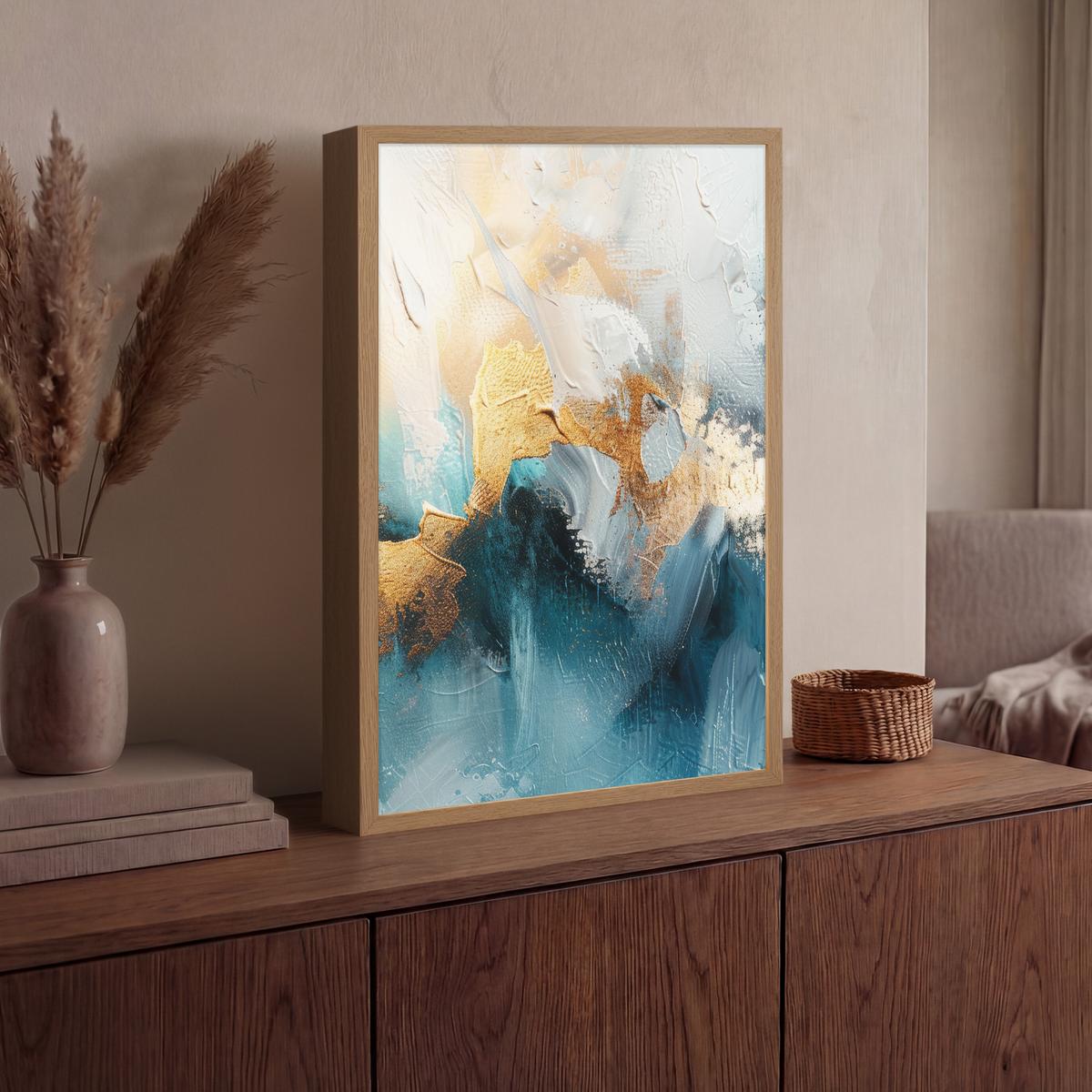 WANDLEUCHTE MIT AKKU Abstrakt - Kunst - Gold - Blau 40x60 cm - Türkis, Holzwerkstoff (40/60/8cm) - OnlyWow