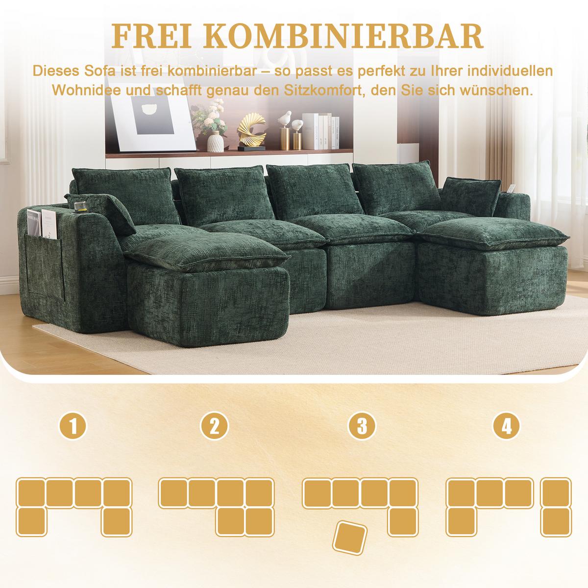 4-SITZER-SOFA aus chenille, modular mit 2 fußhockern und getränkehaltern - Grün, Textil (322/75/161cm) - Urban Meuble
