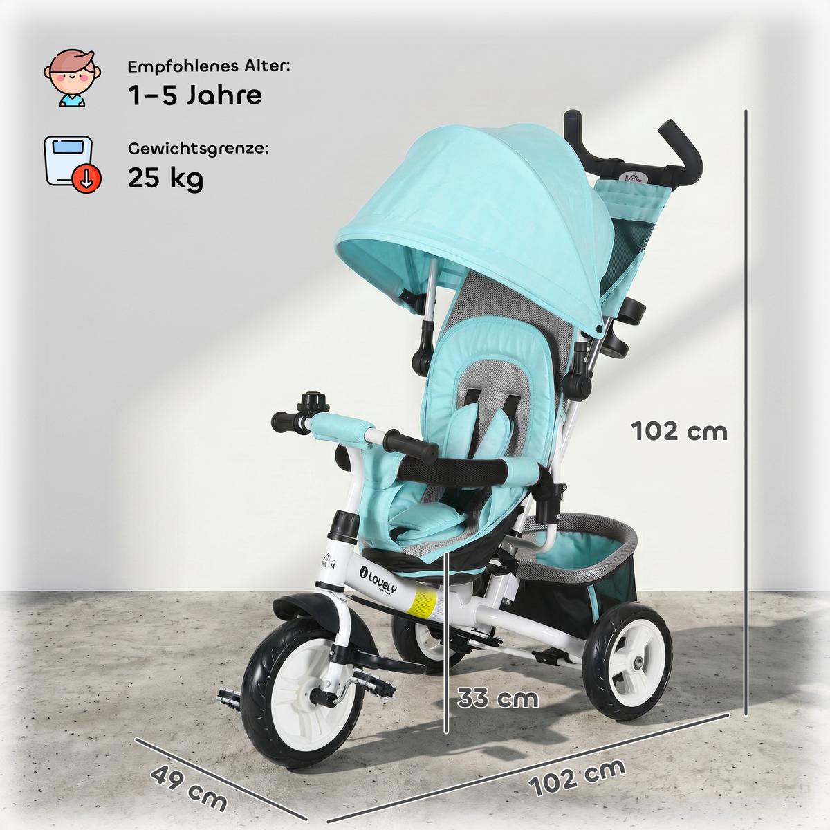 6-IN-1 Dreirad mit Schubstange, Kinderdreirad mit abnehmbarem Sonnendach Grün - Grün, Metall (102/49/102cm) - HOMCOM