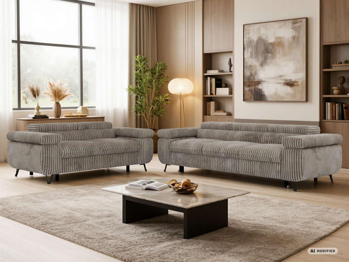 SITZGARNITUR PETERS 2+3 - Hellbraun Cord - Hellbraun/Schwarz, Textil/Metall (262/76/99cm) - MKS