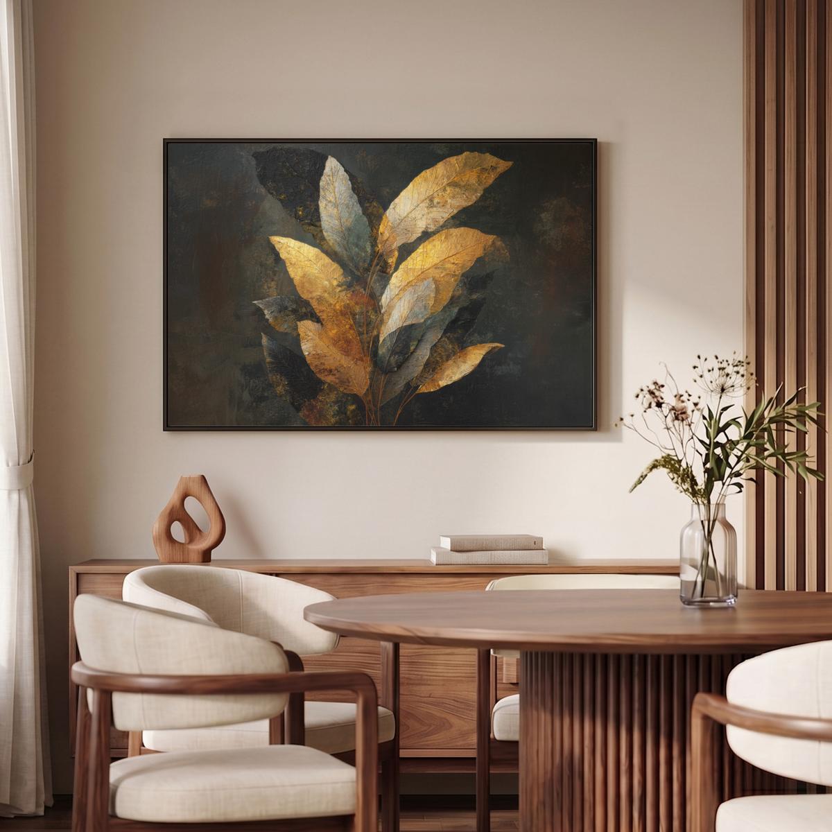 LEINWAND Bilder mit Rahmen - Golden Leaf Komposition - Botanical Luxury - 90x60 - Goldfarben, Textil (90/60cm) - MuchoWow