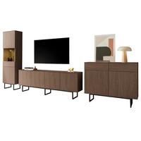 WOHNWAND in Nussbaum 3-teilig 400 cm, Komplett-Set mit Push-to-Open - Nussbaumfarben/Schwarz, Glas/Holzwerkstoff (400/200/40cm) - Furn.Design