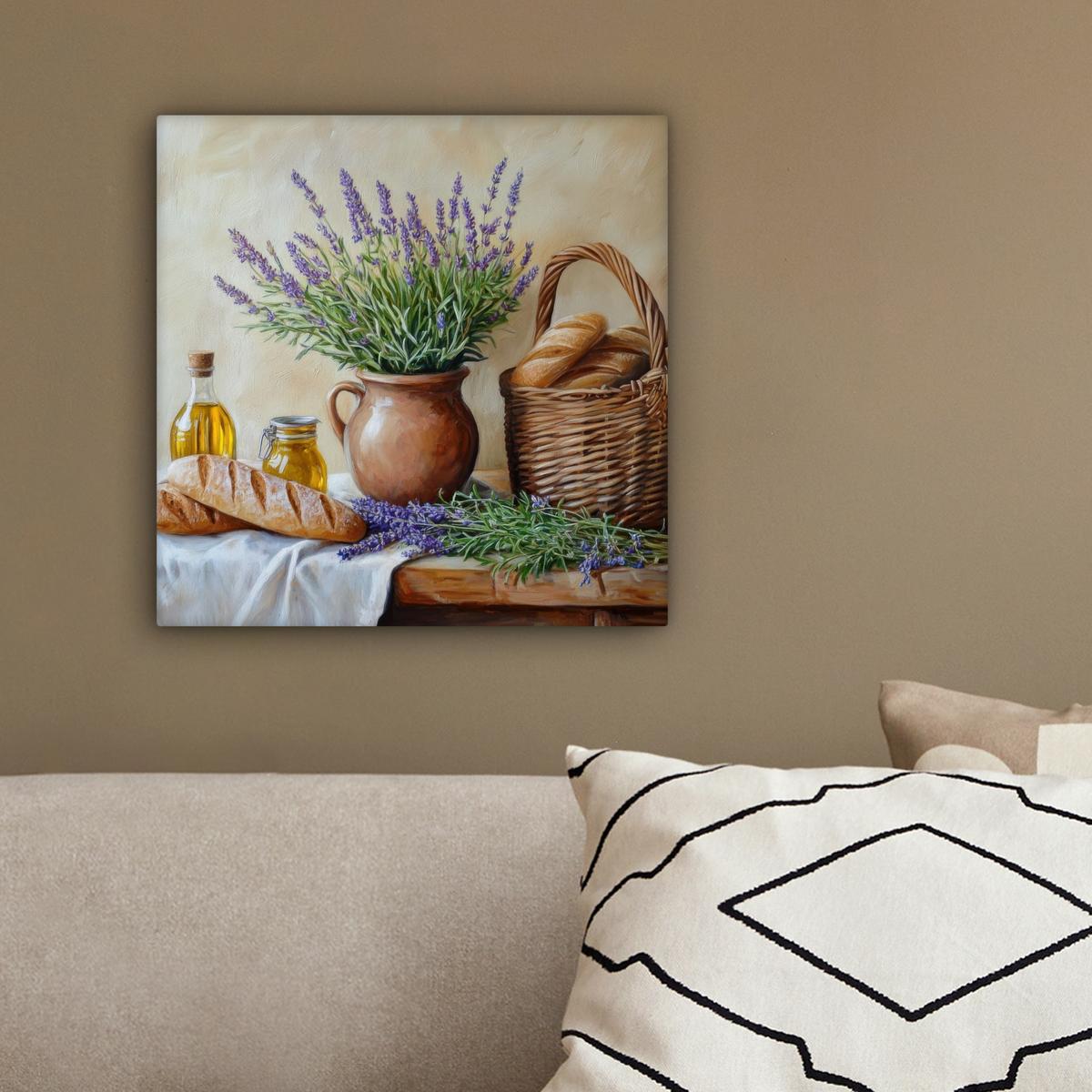 LEINWANDBILD Lavendel - Brot - Stilleben Deko Wohnzimmer 20x20 cm - Flieder, Textil (20/20cm) - MuchoWow