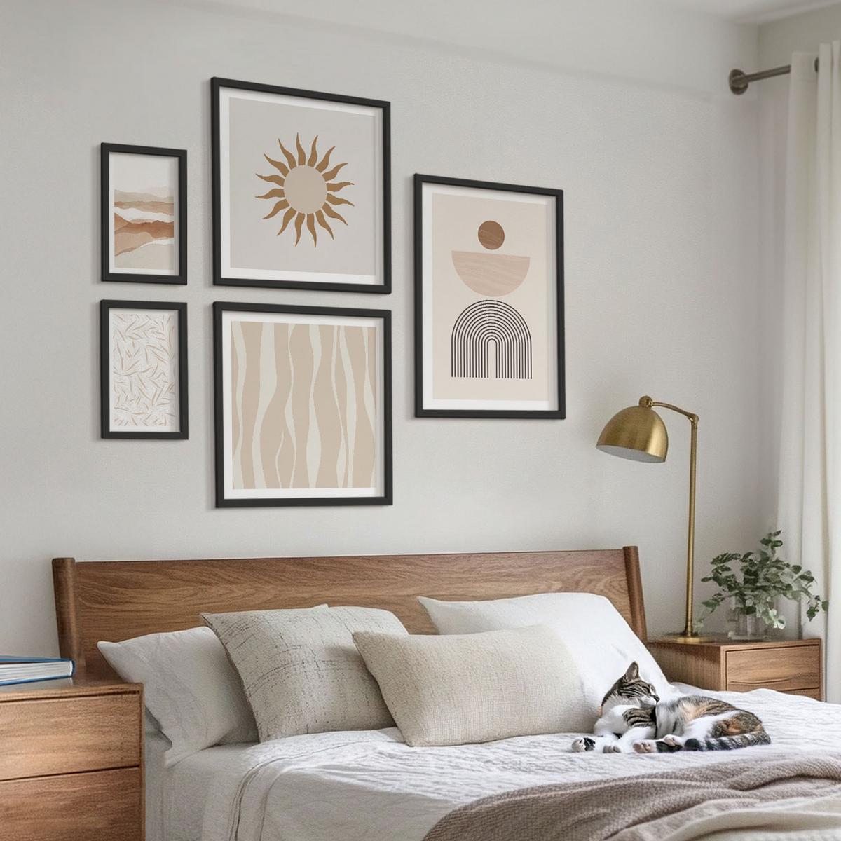 BILDER SET 5er Set - 50x50 cm & 20x30 cm & 40x60 cm Schwarzer Rahmen - Abstrakte Landschafts- und Naturgeometrie - Schwarz, Kunststoff (40/60cm) - TULUP