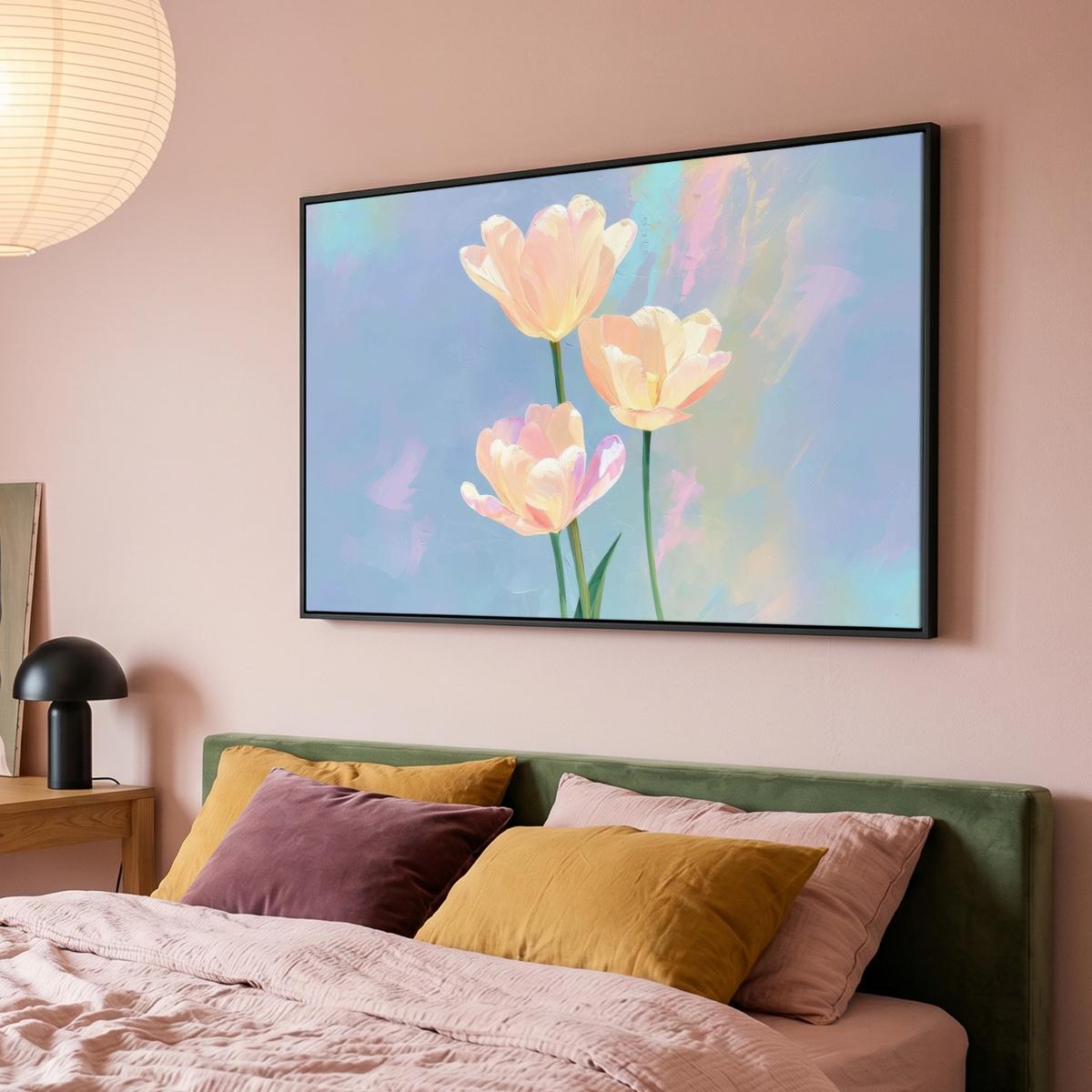 LEINWAND Bilder mit Rahmen - Tulpen - Rosa Akzente - Blau - 120x80 - Pastellblau, Textil (120/80cm) - MuchoWow