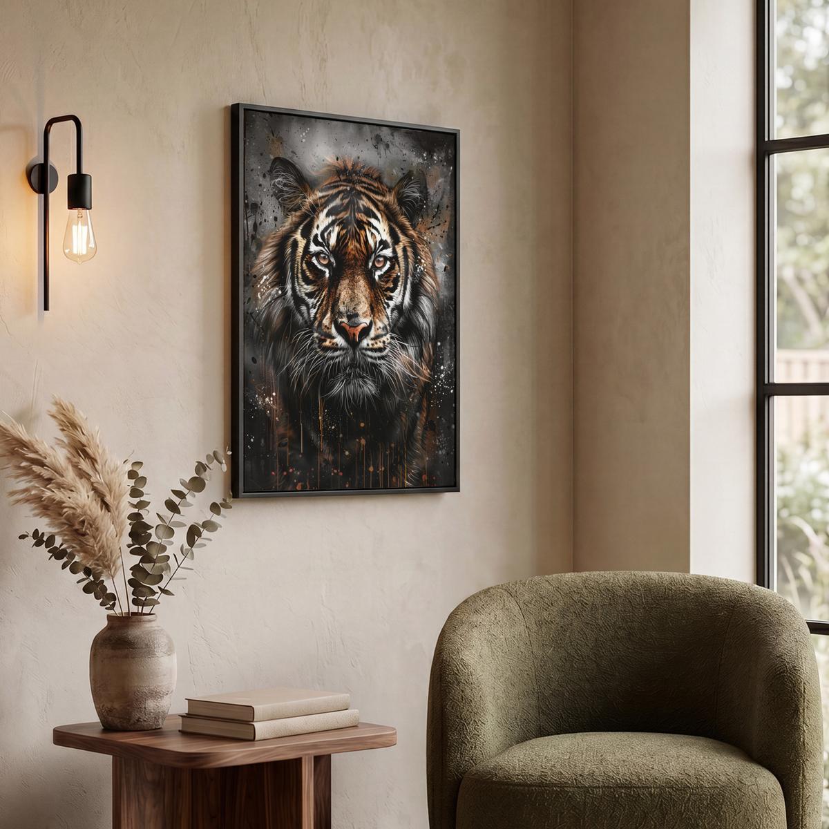LEINWAND Bilder mit Rahmen - Tiger - Tiere - Porträt - Luxus - Schwarz - 50x70 - Braun, Textil (50/70cm) - MuchoWow