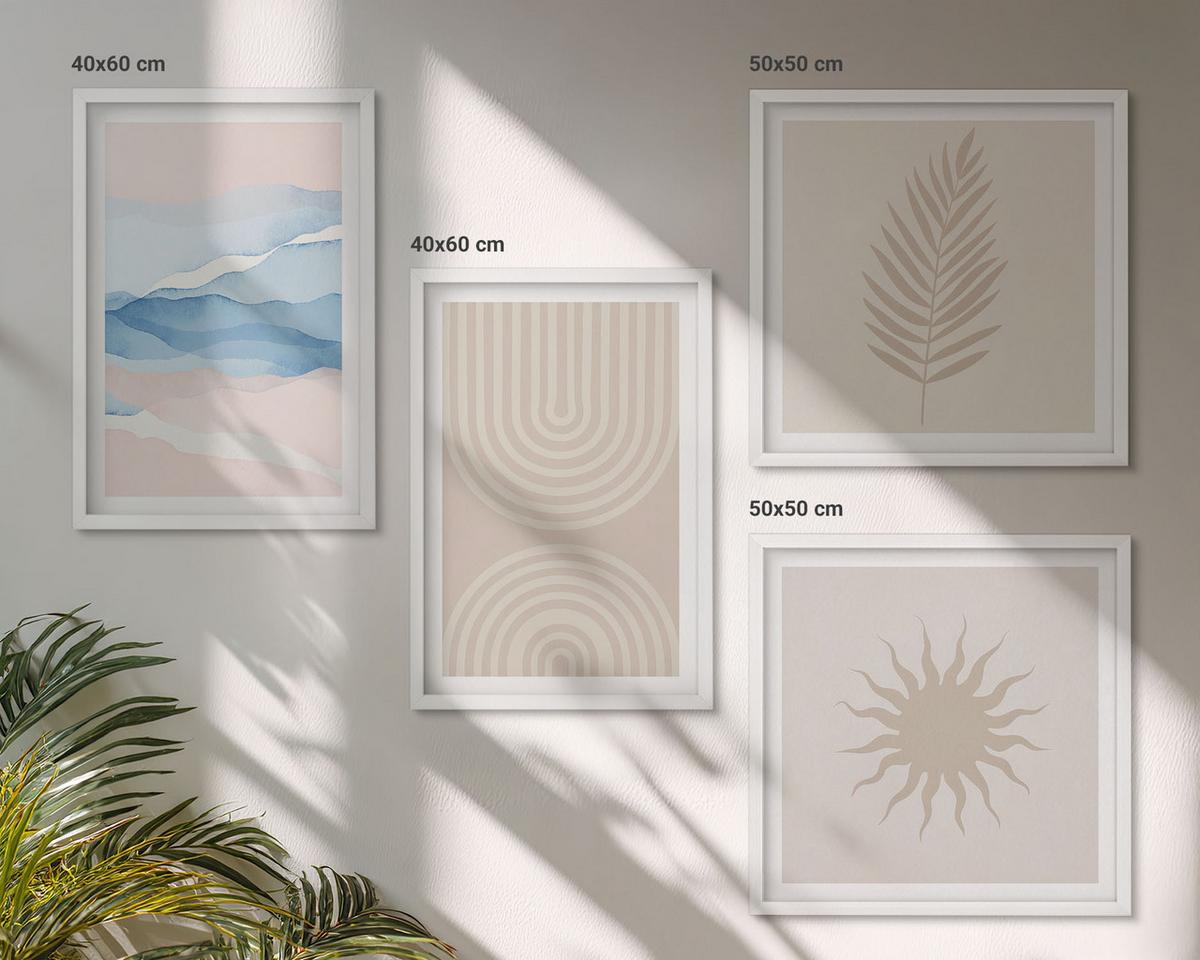 BILDER SET 4er Set - 50x50 cm & 40x60 cm Weißer Rahmen - Abstrakte Linien der Sonnenwellen - Weiß, Kunststoff (50/50cm) - TULUP