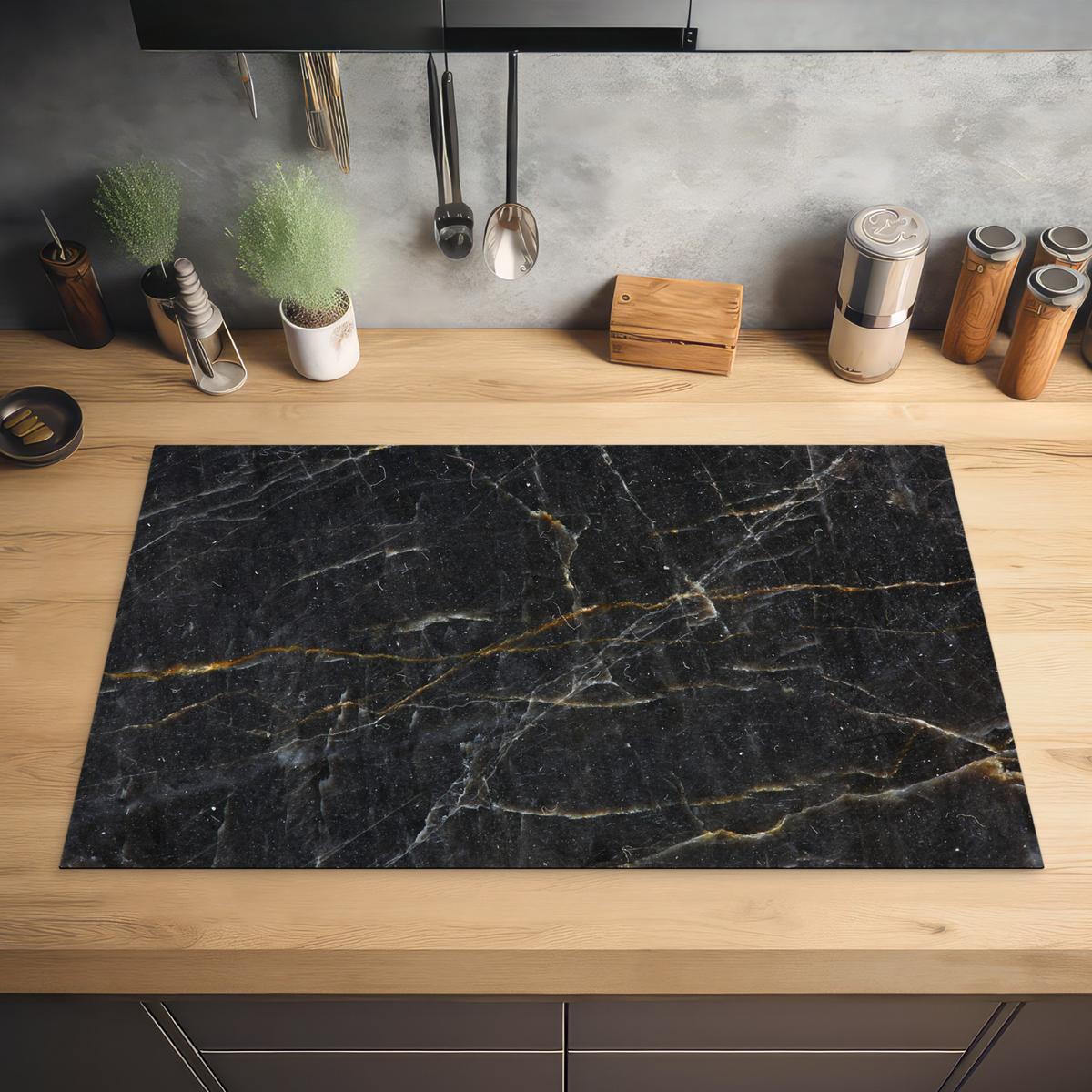 HERDABDECKPLATTE Marmor - Schwarz - Gold - Grau - Marmorstruktur Induktionsmatte 83x51 cm - Goldfarben, Kunststoff (83/51.5/0.2cm) - MuchoWow