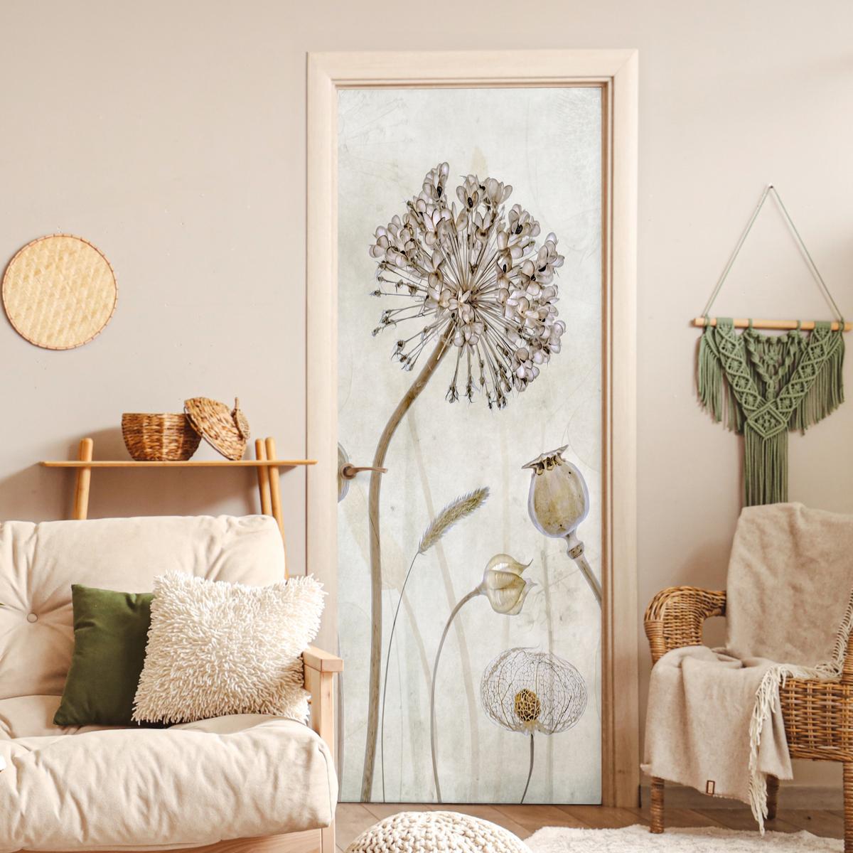 TÜRAUFKLEBER Blumen - Aquarell - Stilleben - Braun - Vintage 90x235 cm - Türtapete - Ecru, Kunststoff (90/0.1cm) - MuchoWow