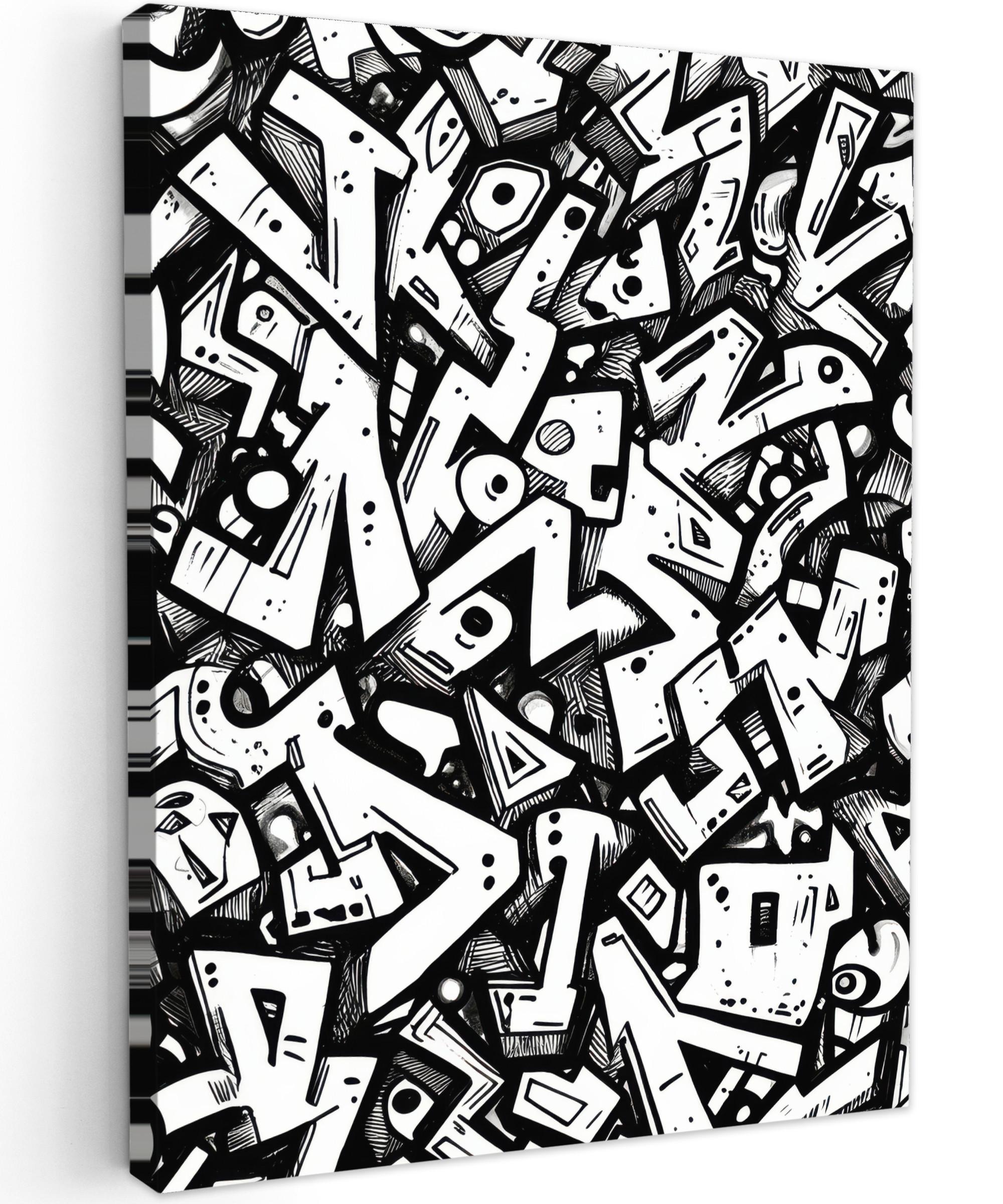 LEINWANDBILD Formen - Buchstaben - Graffiti - Schwarz Wandbild Wohnzimmer 60x80 cm - Schwarz, Textil (60/80cm) - MuchoWow