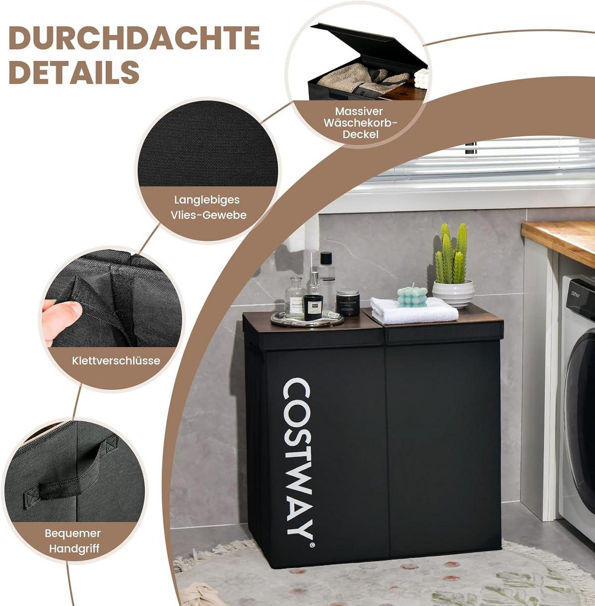 WASCHEKORB Schwarz - Schwarz, Holz (31/62/60cm) - COSTWAY