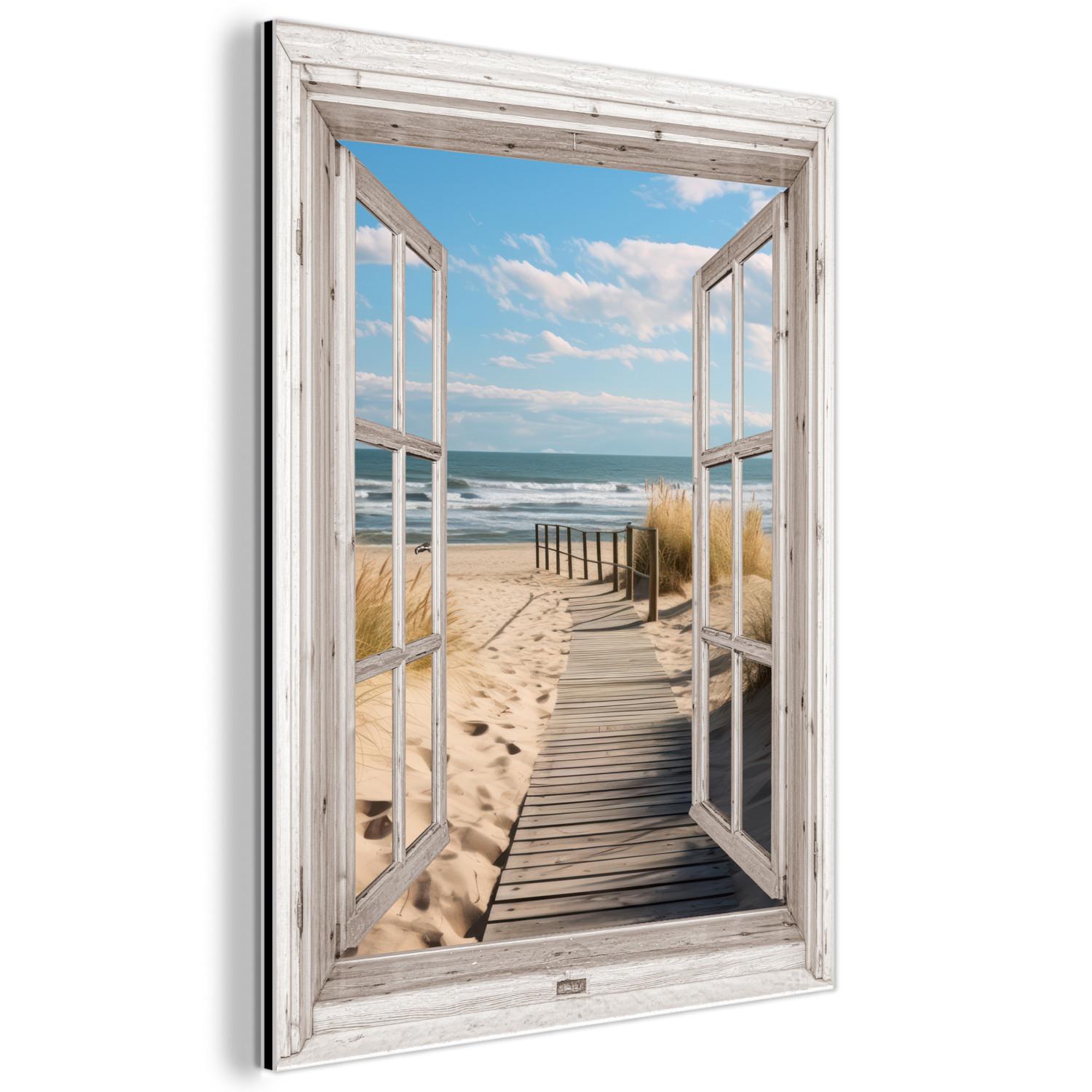 METALLBILD Fenster - Meer - Küste - Natur - Ausblick - Strand - Wattenmeer 30x40 cm - Beige, Metall (30/40cm) - MuchoWow