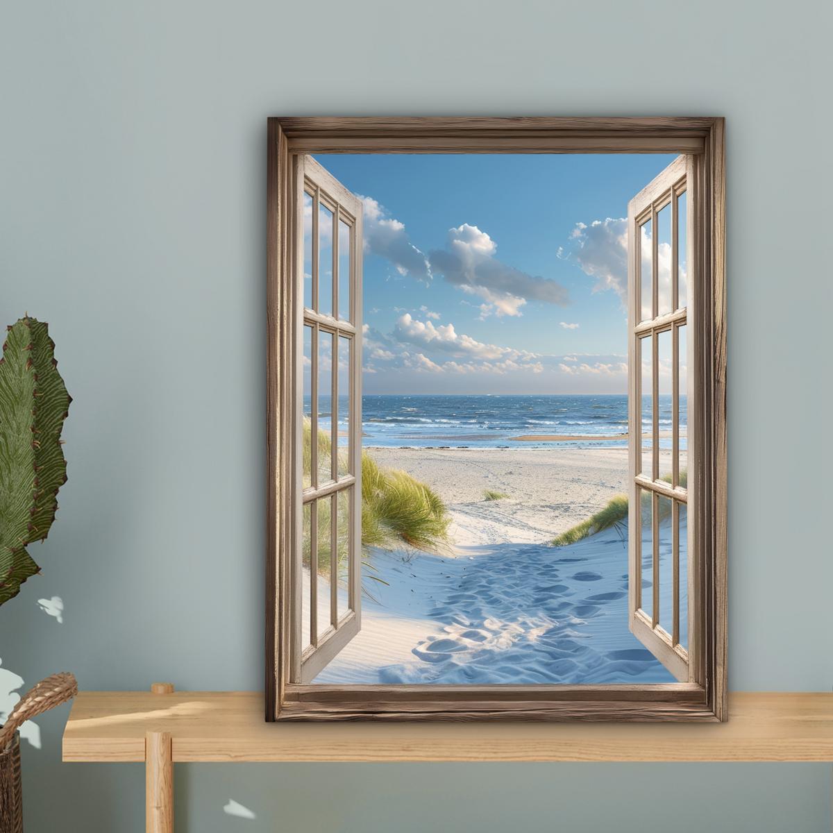 LEINWANDBILD Aussicht - Strand - Fenster - Dünen - Meer Room Decor 30x40 cm - Hellblau, Textil (30/40cm) - MuchoWow