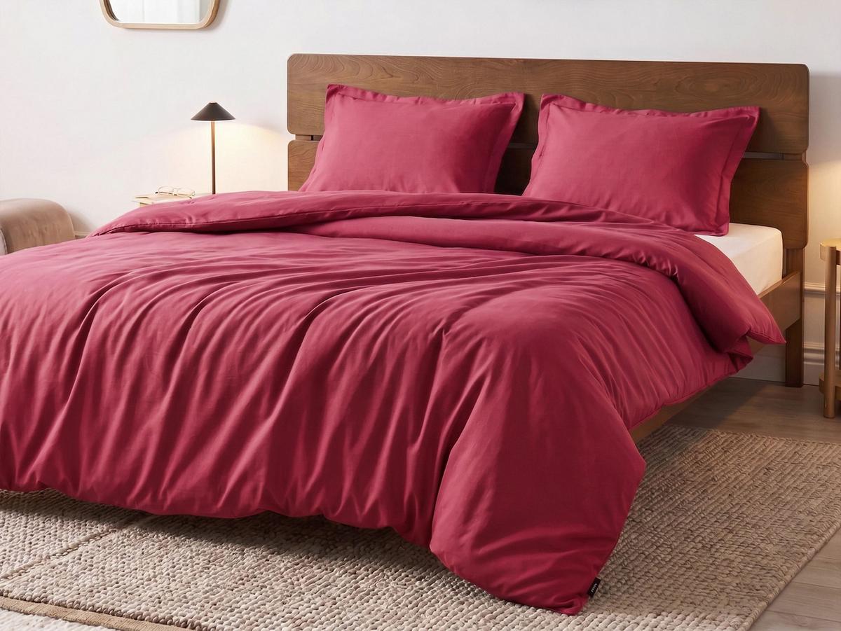 BETTWÄSCHE-SET 200/200 cm Baumwollsatin Burgunderrot Parkrose - Dunkelrot, Textil (200/200cm) - Beliani
