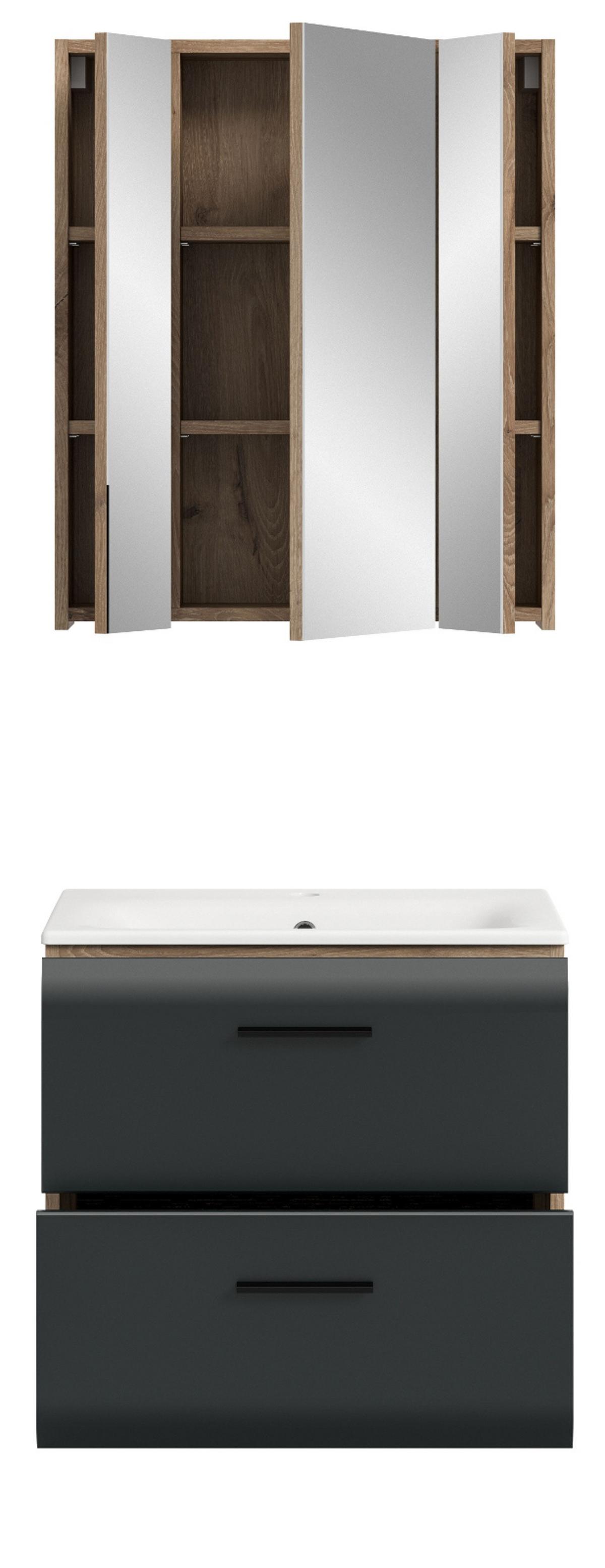 BADMÖBEL-SET 2-teilig Schwarz matt und Eiche Komplett-Set mit Waschbecken, 60 x 185 cm - Eichefarben/Schwarz, Glas/Holz (60/185/46cm) - Inn.Furn