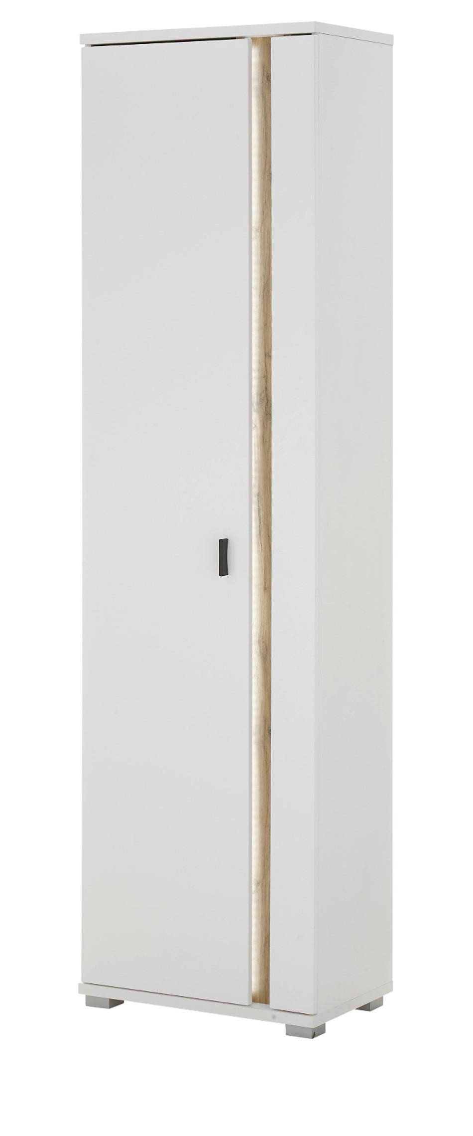 STAURAUMSCHRANK weiß matt, Eiche Wotan 55 x 200 cm, Mehrzweckschrank inklusive Frontbeleuchtung - Eiche Wotan/Silberfarben, Holzwerkstoff/Kunststoff (55/200/35cm) - Furn.Design