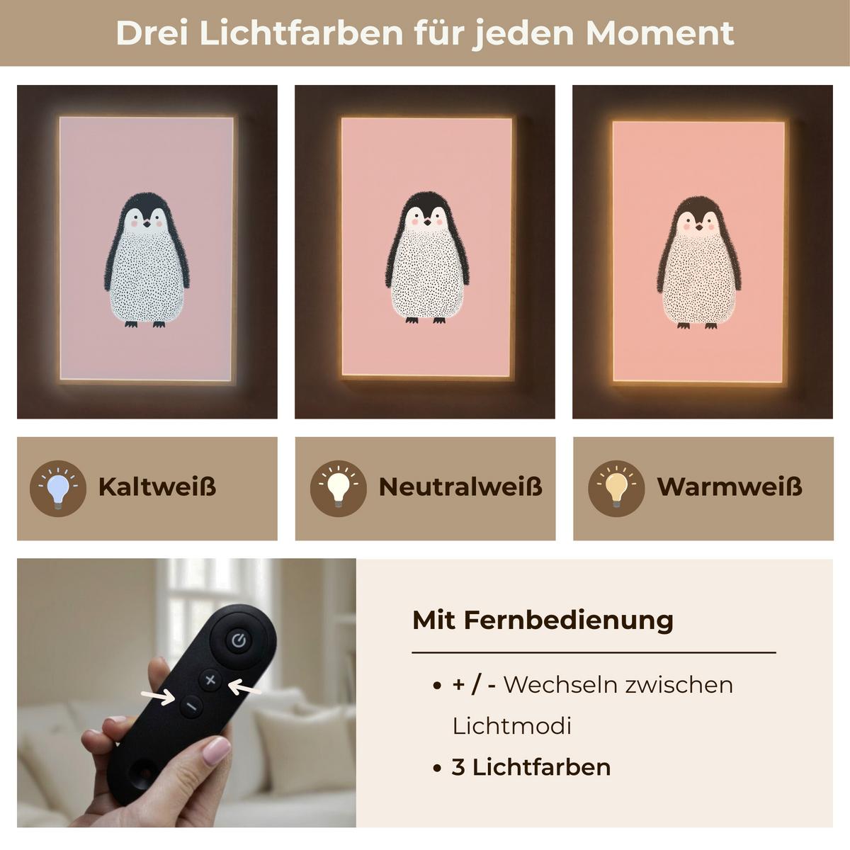 WANDLEUCHTE MIT AKKU Pinguin - Punkte - Minimalistisch - Rosa 70x100 cm - Rosa, Holzwerkstoff (70/100/8cm) - OnlyWow