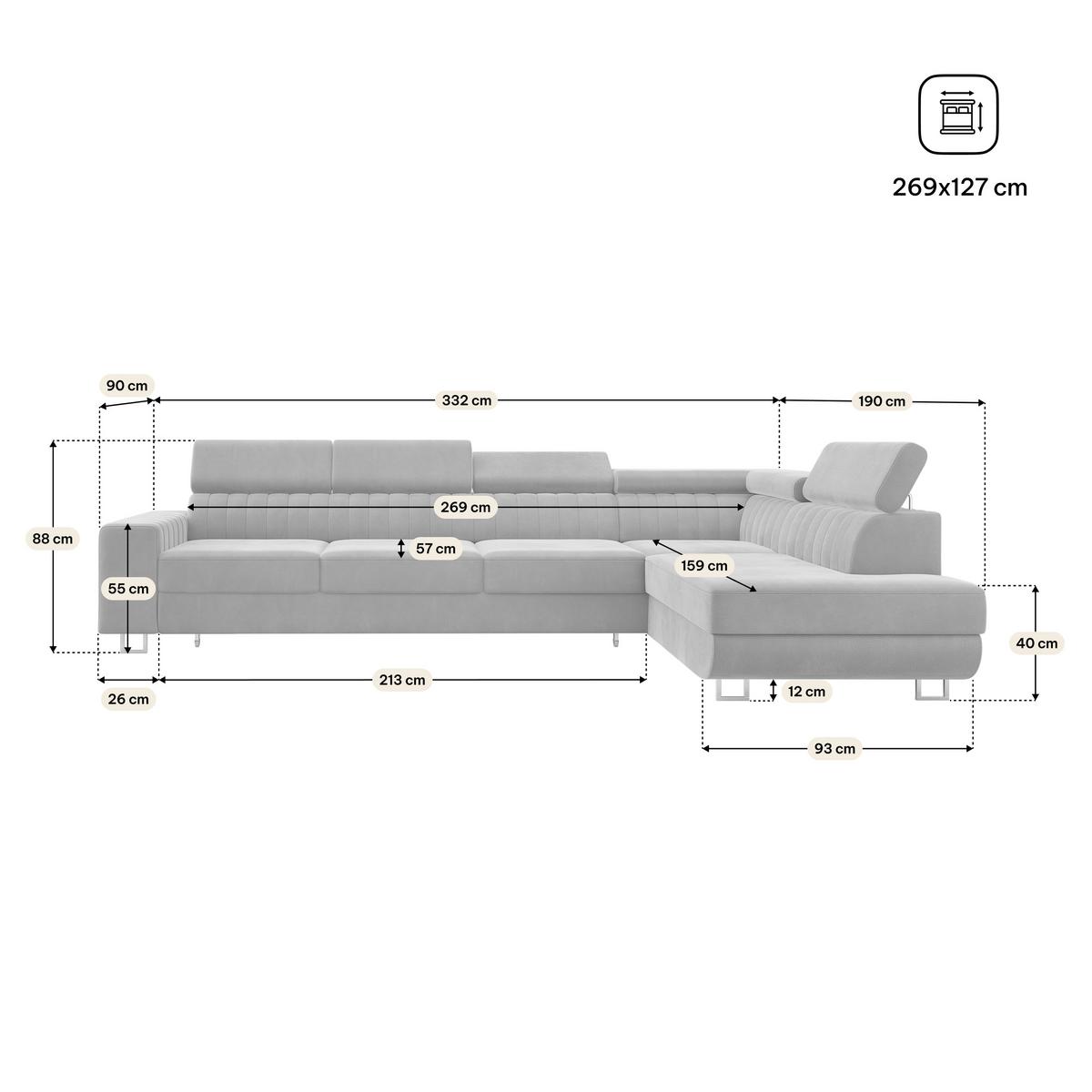 ECKSOFA HESTION Schwarz Velours-Stoff mit Schlaffunktion - Schwarz, Holz (332/190cm) - MASSENO