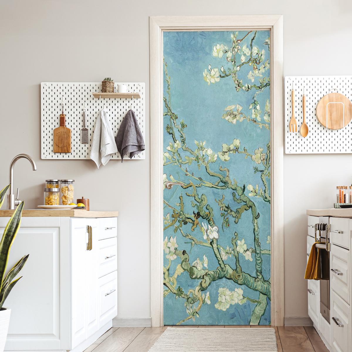 TÜRAUFKLEBER Mandelblüte - Van Gogh - Kunst 90x235 cm - Türtapete - Pastellblau, Kunststoff (90/0.1cm) - MuchoWow