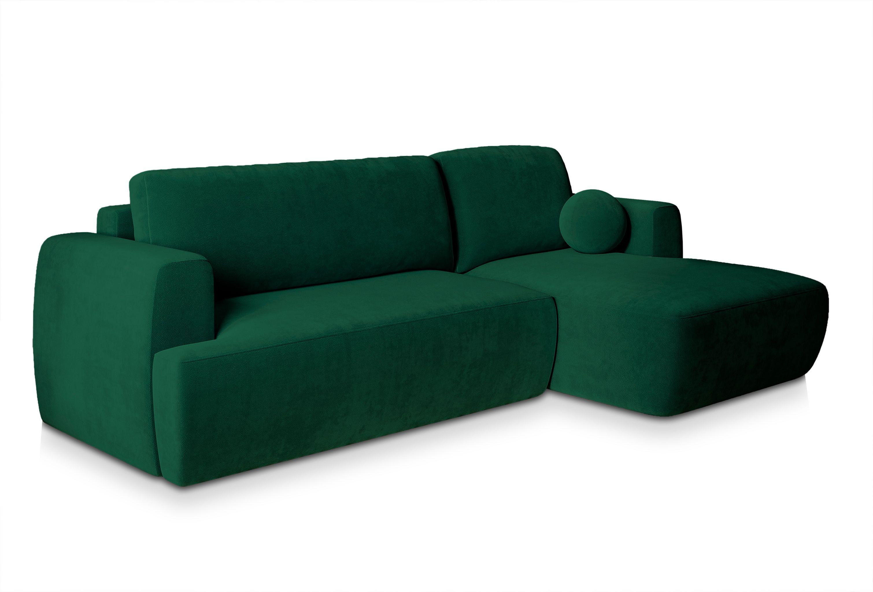 ECKSOFA SENTI K R-S Grün Plüsch-Stoff mit Schlaffunktion - Schwarz/Grün, Holz/Kunststoff (246/148cm) - MASSENO