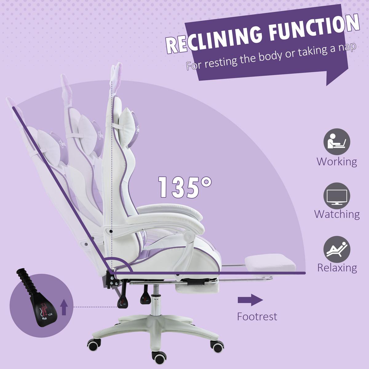 GAMING Stuhl Ergonomischer Gamer Stuhl mit Lendenwirbelstütze, Fußstütze - Violett, Leder (63/142/65cm) - Vinsetto